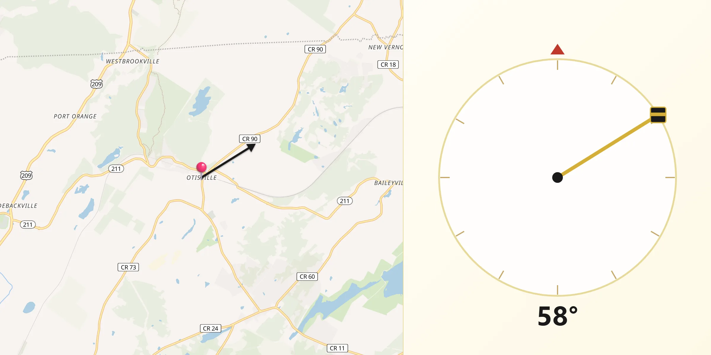 Qibla Direction from Otisville