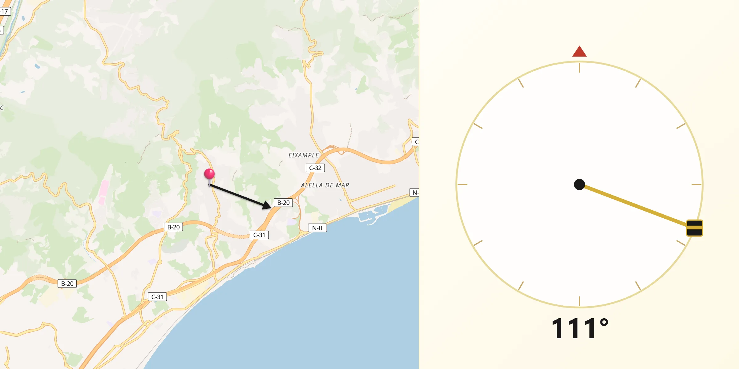 Dirección de la Qibla desde Tiana