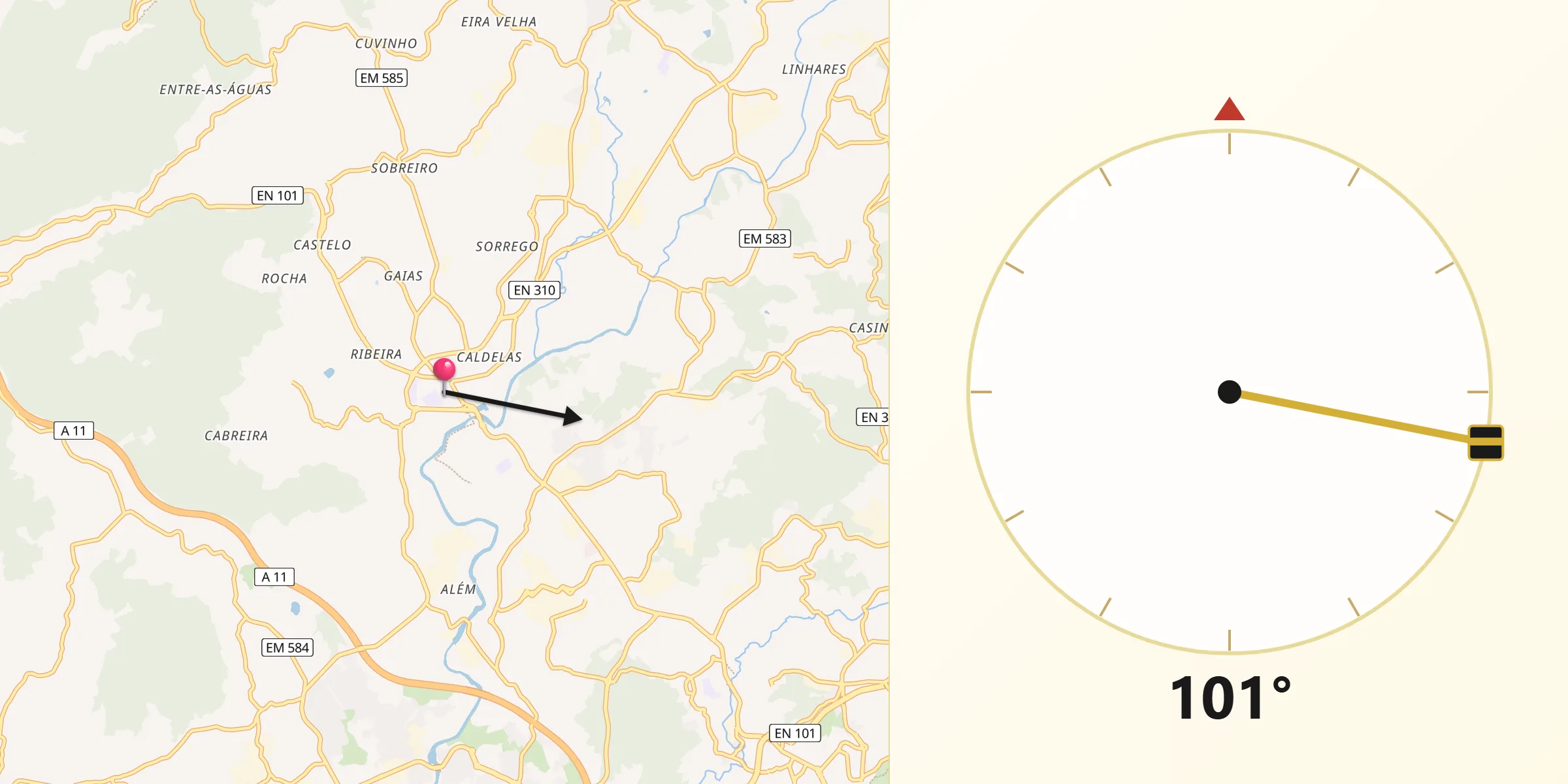 Direção da Qibla a partir de Caldas das Taipas