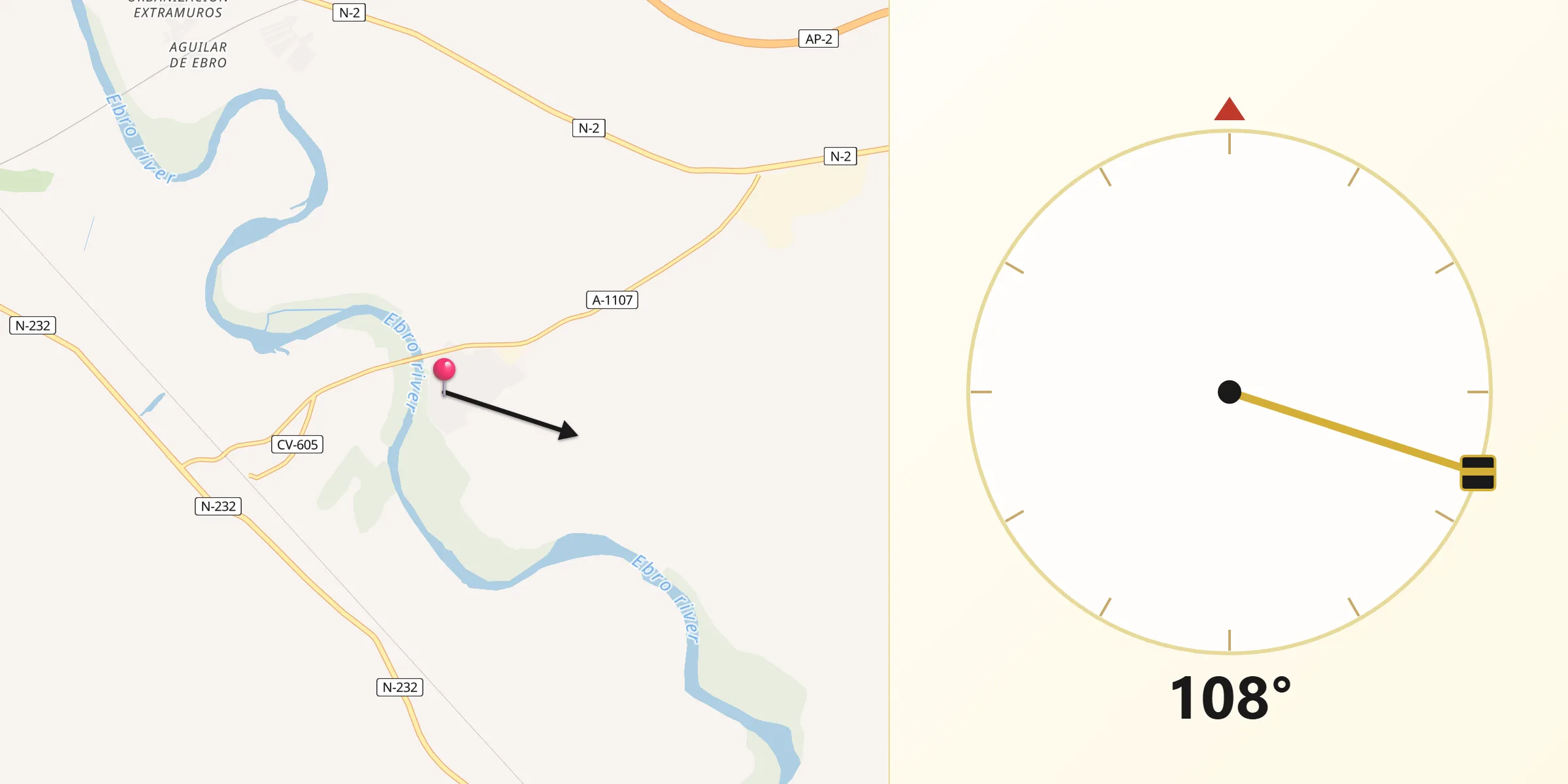 Dirección de la Qibla desde Pina de Ebro
