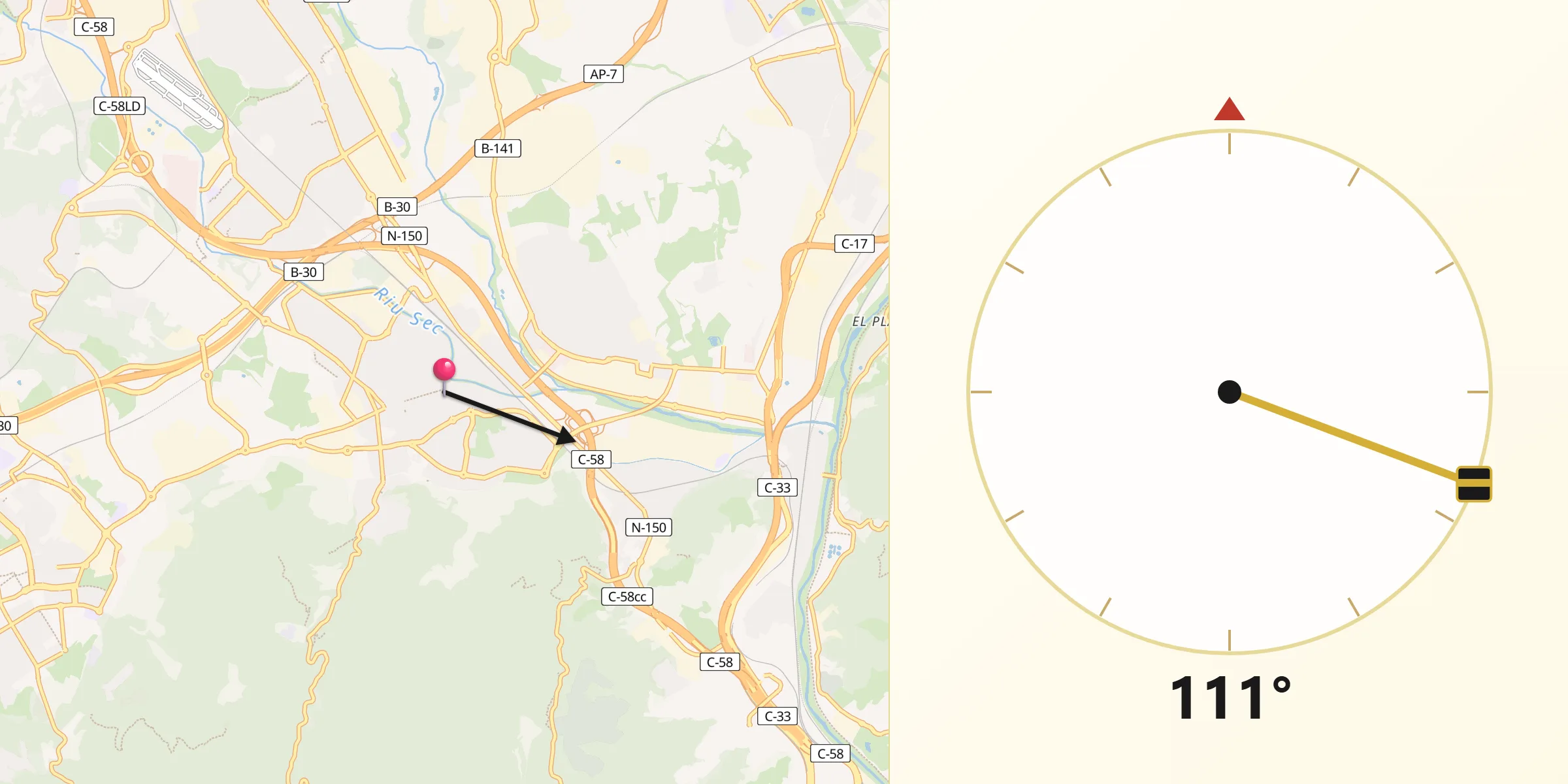 Dirección de la Qibla desde Cerdanyola del Vallès