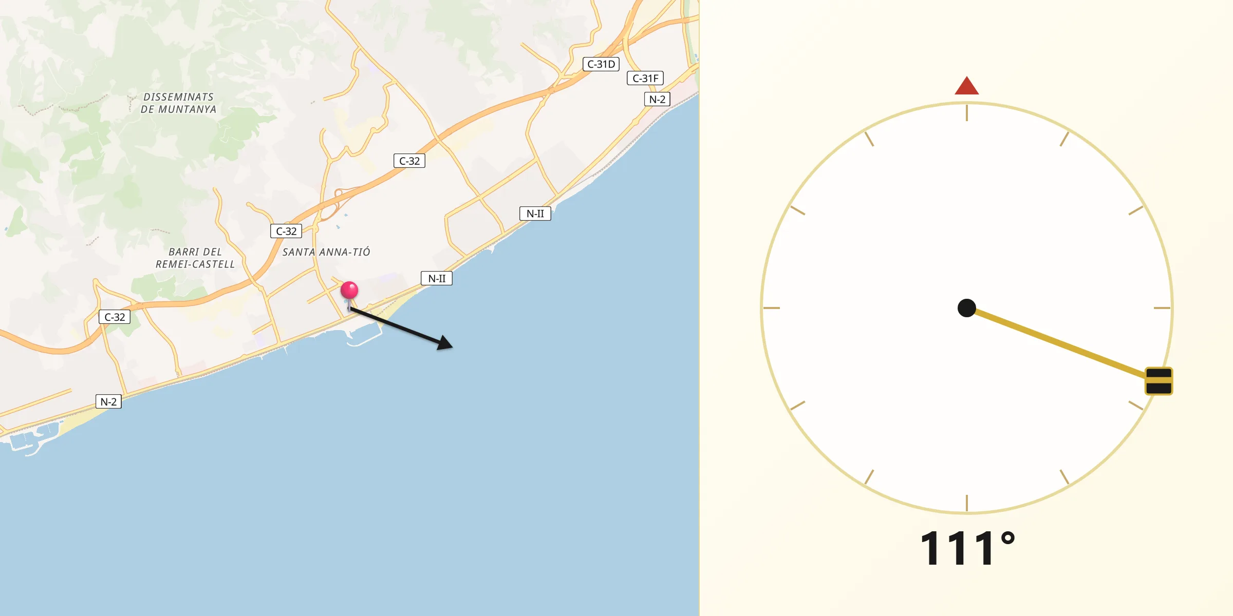 Dirección de la Qibla desde Premià de Mar