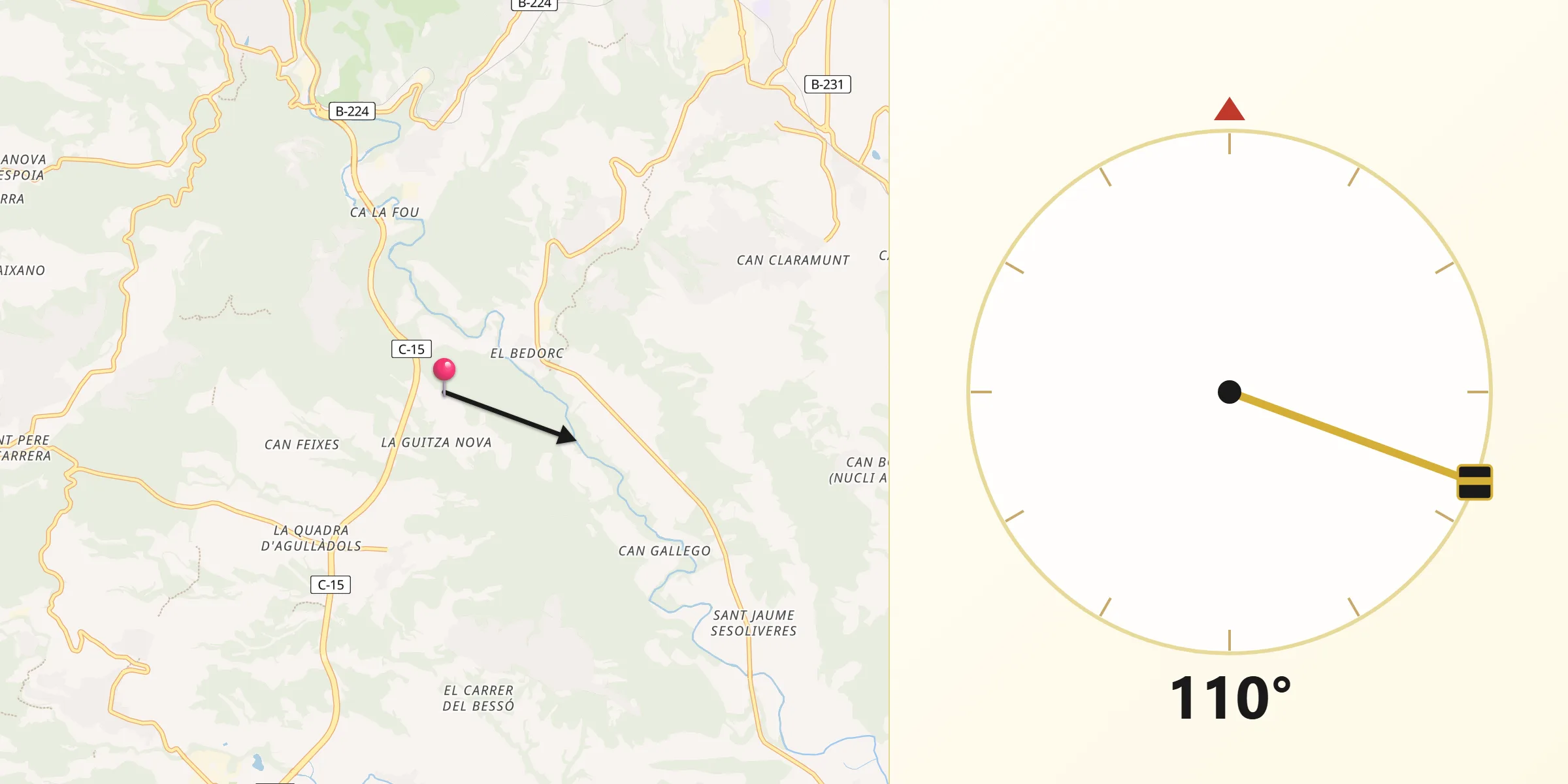 Dirección de la Qibla desde Cabrera d'Anoia