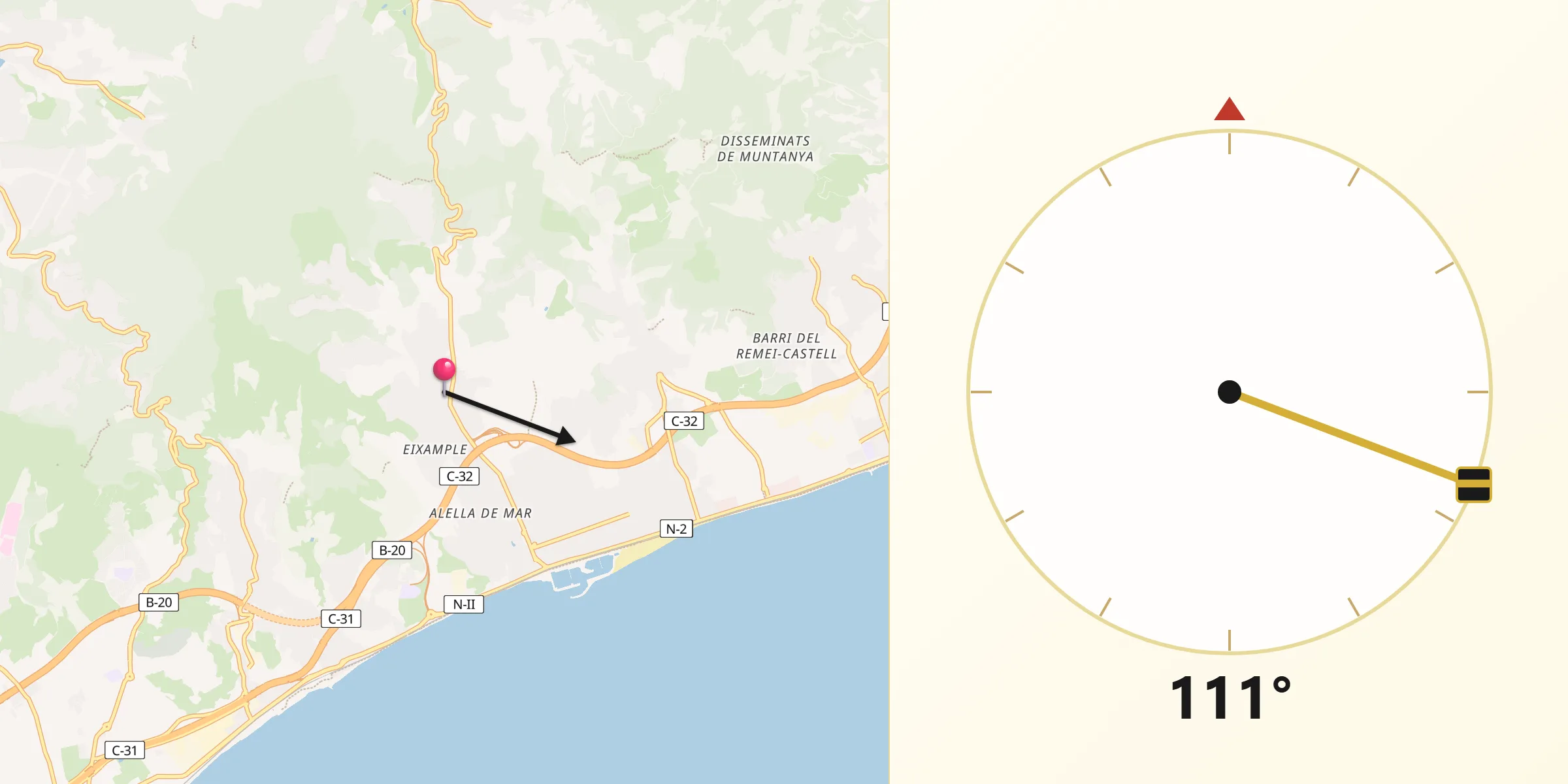 Dirección de la Qibla desde Alella