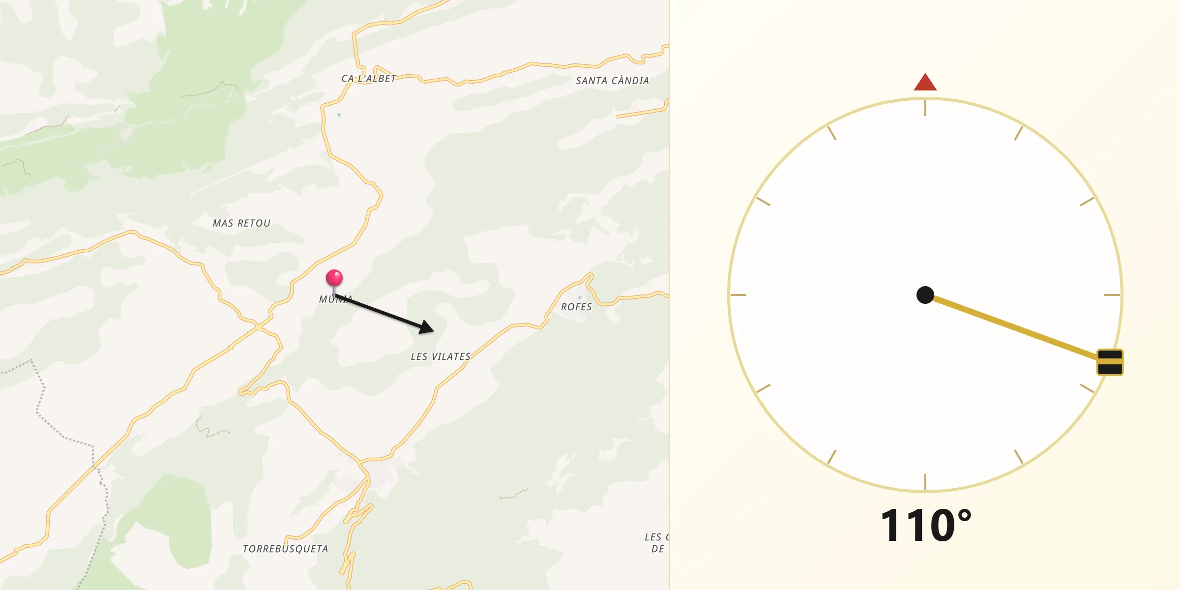 Dirección de la Qibla desde Santa Maria de Miralles