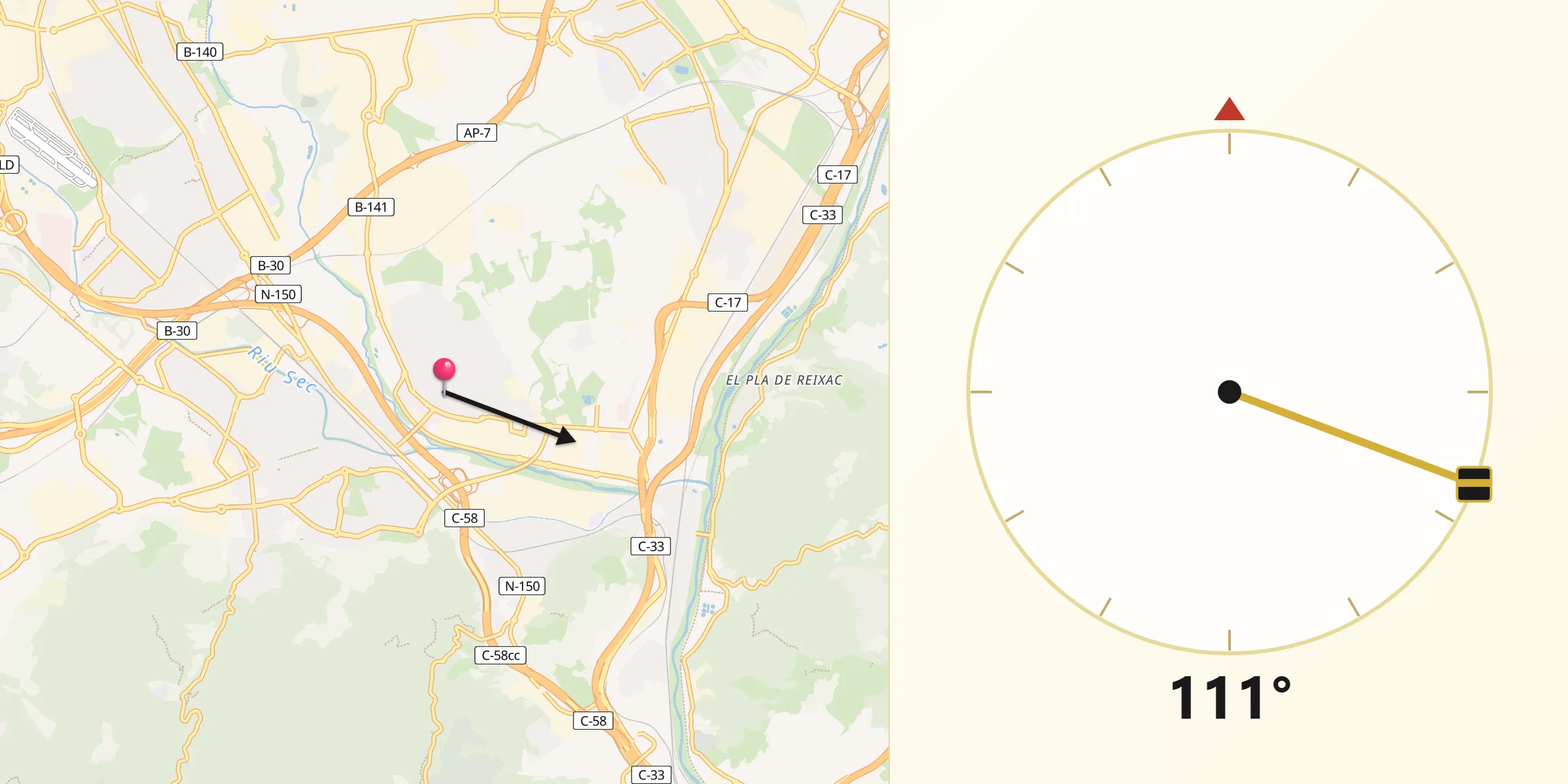 Dirección de la Qibla desde Ripollet