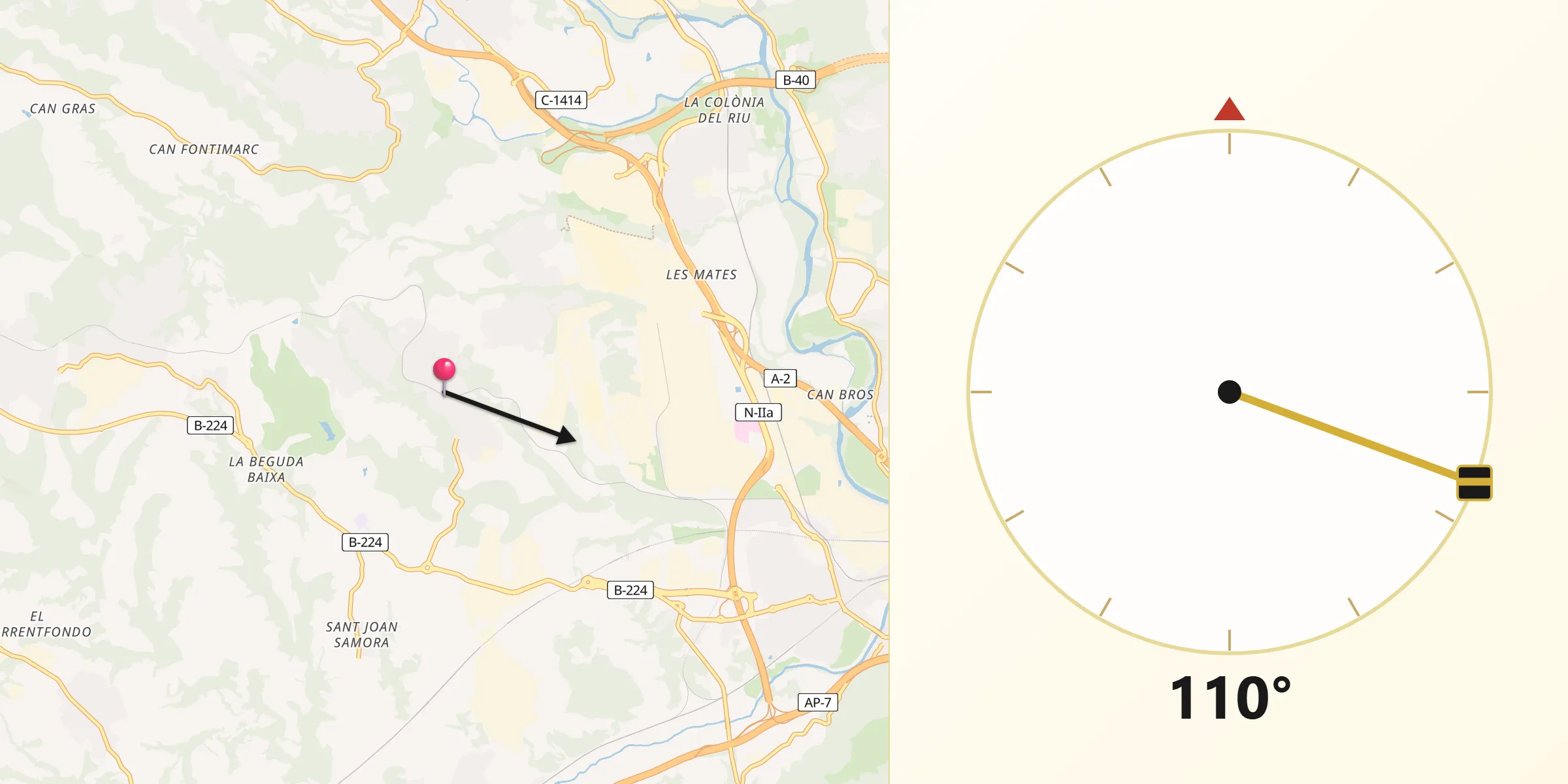 Dirección de la Qibla desde Sant Esteve Sesrovires