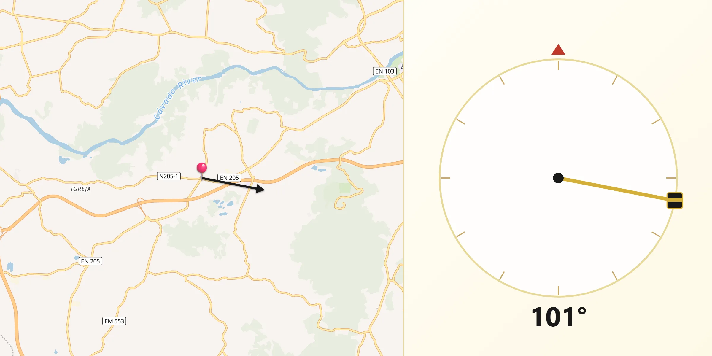 Direção da Qibla a partir de Vila Seca