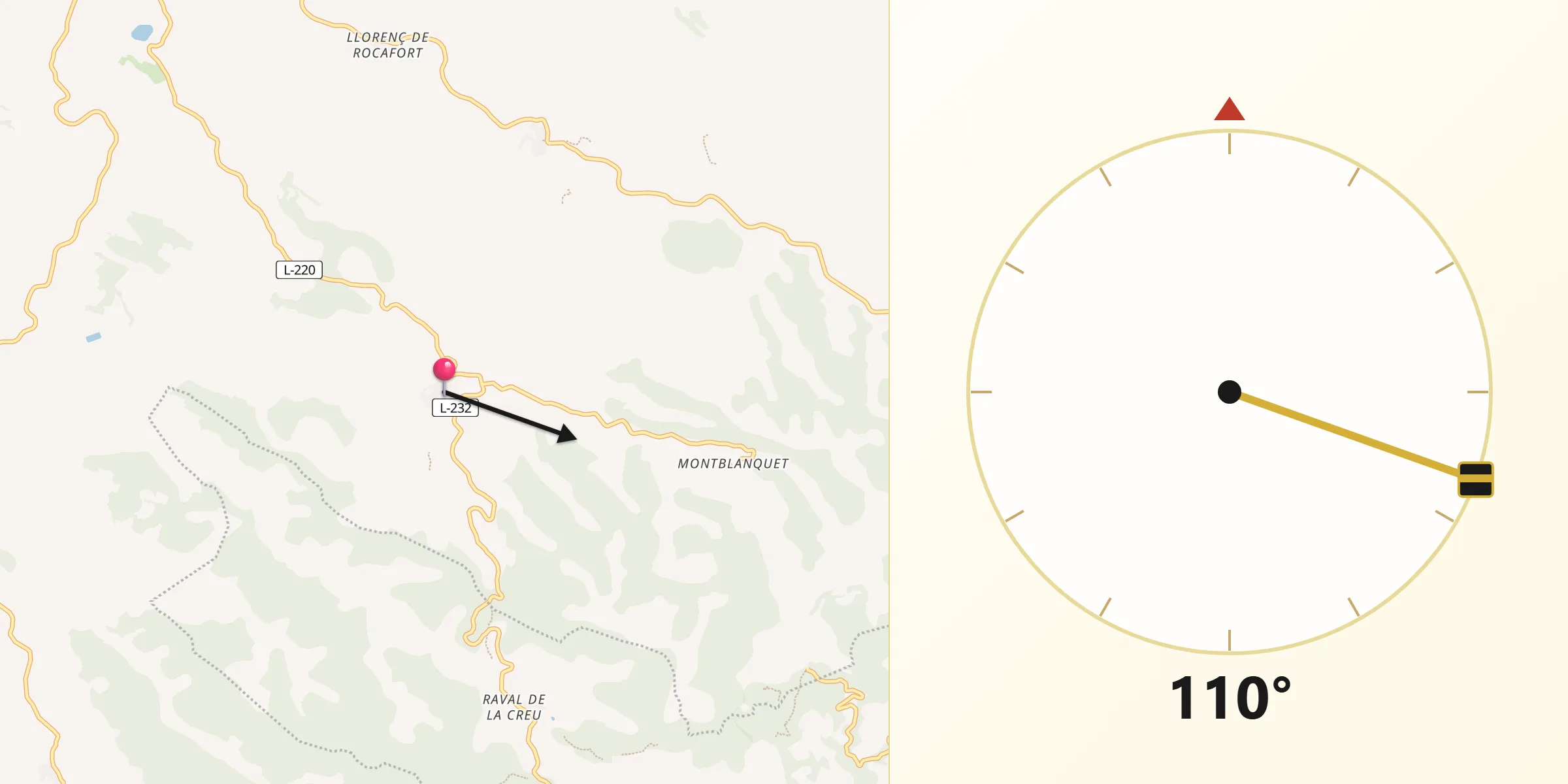 Dirección de la Qibla desde Omells de na Gaia Els