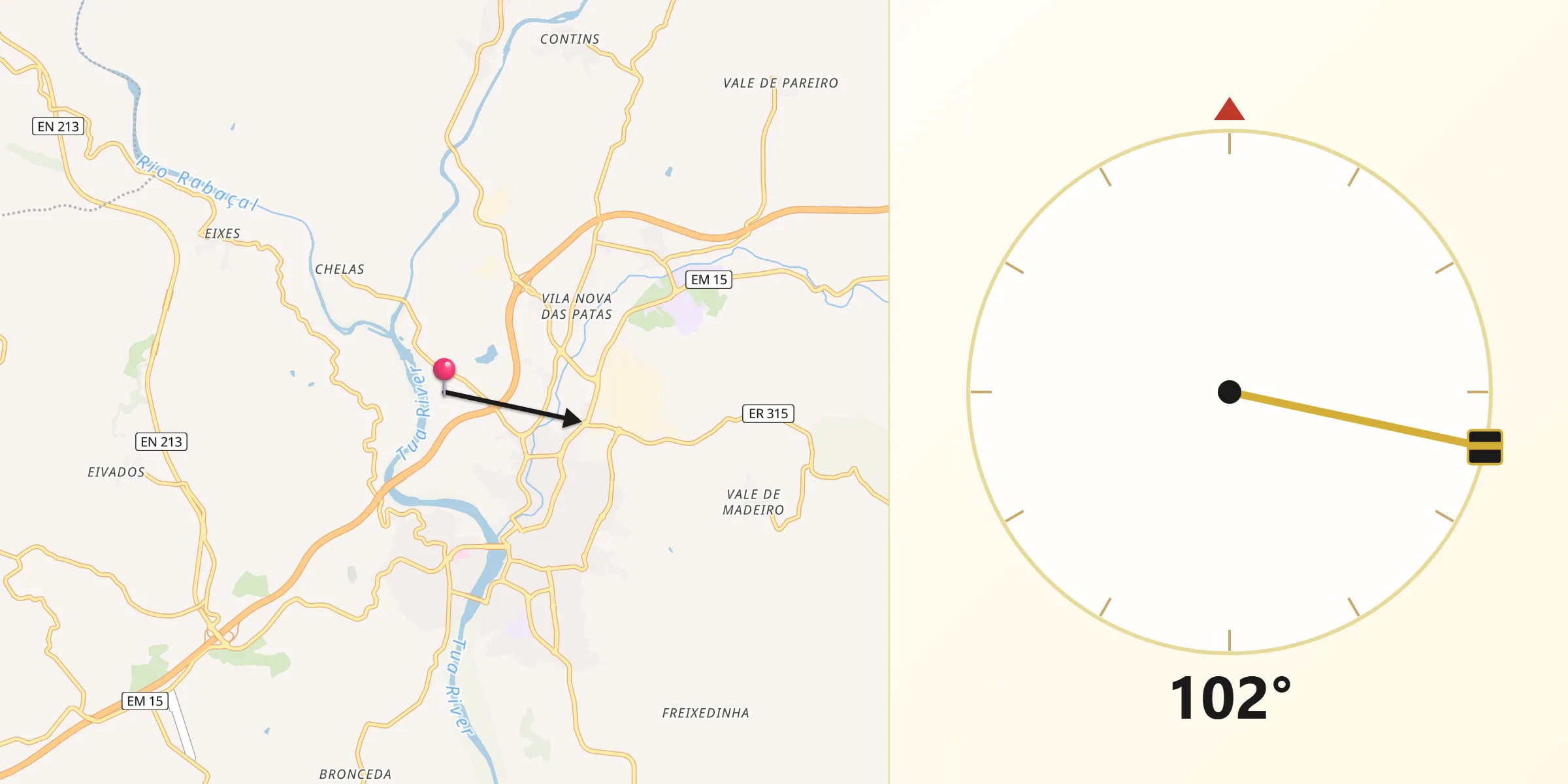 Direção da Qibla a partir de Mirandela