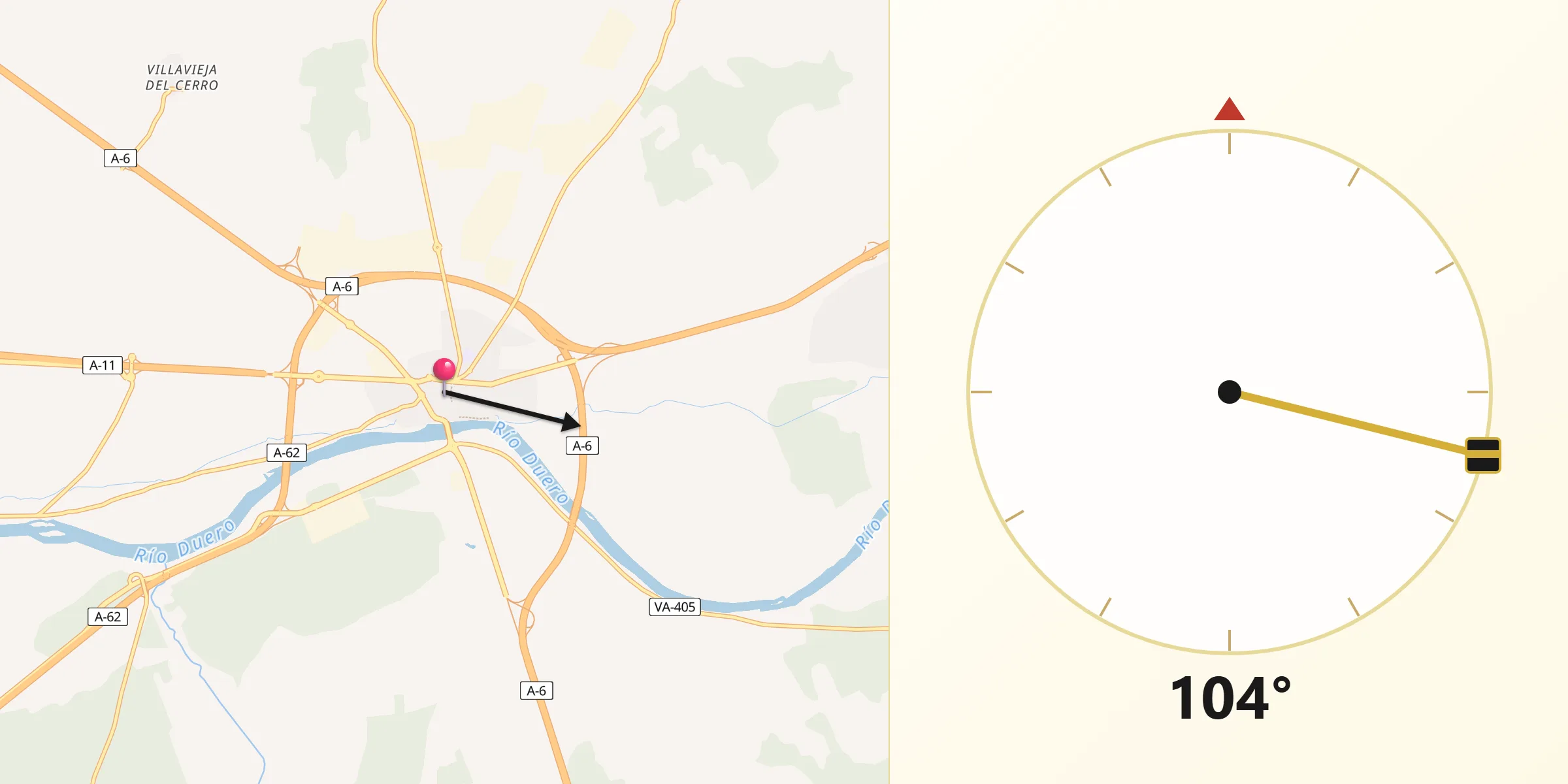Dirección de la Qibla desde Tordesillas
