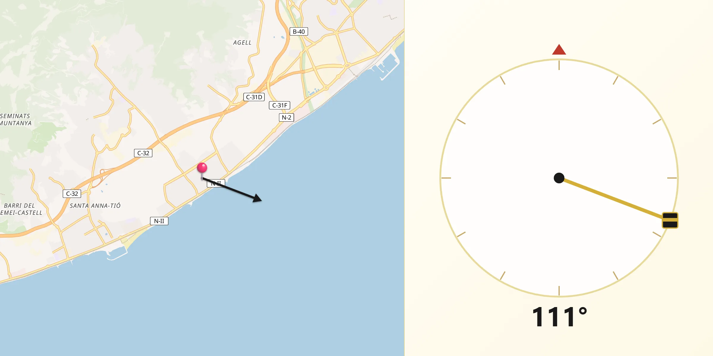 Dirección de la Qibla desde Vilassar del Mar