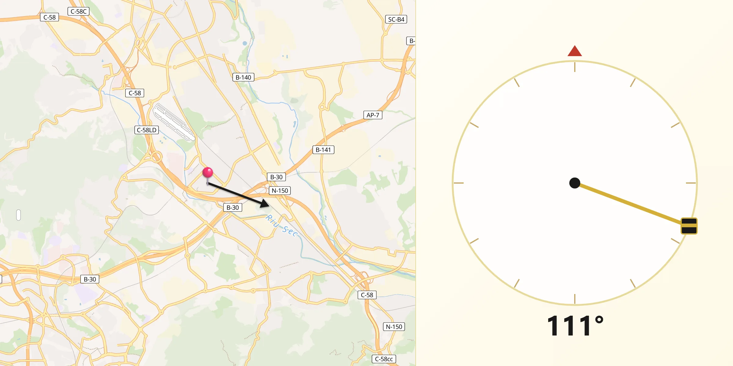 Dirección de la Qibla desde Badia del Vallès