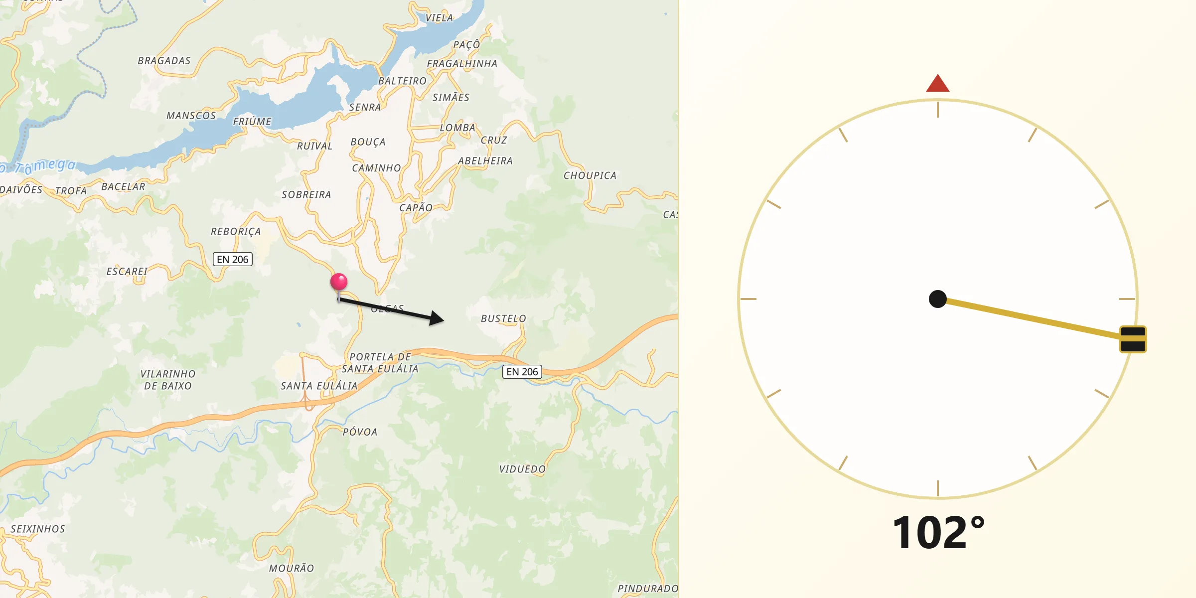 Direção da Qibla a partir de Ribeira de Pena