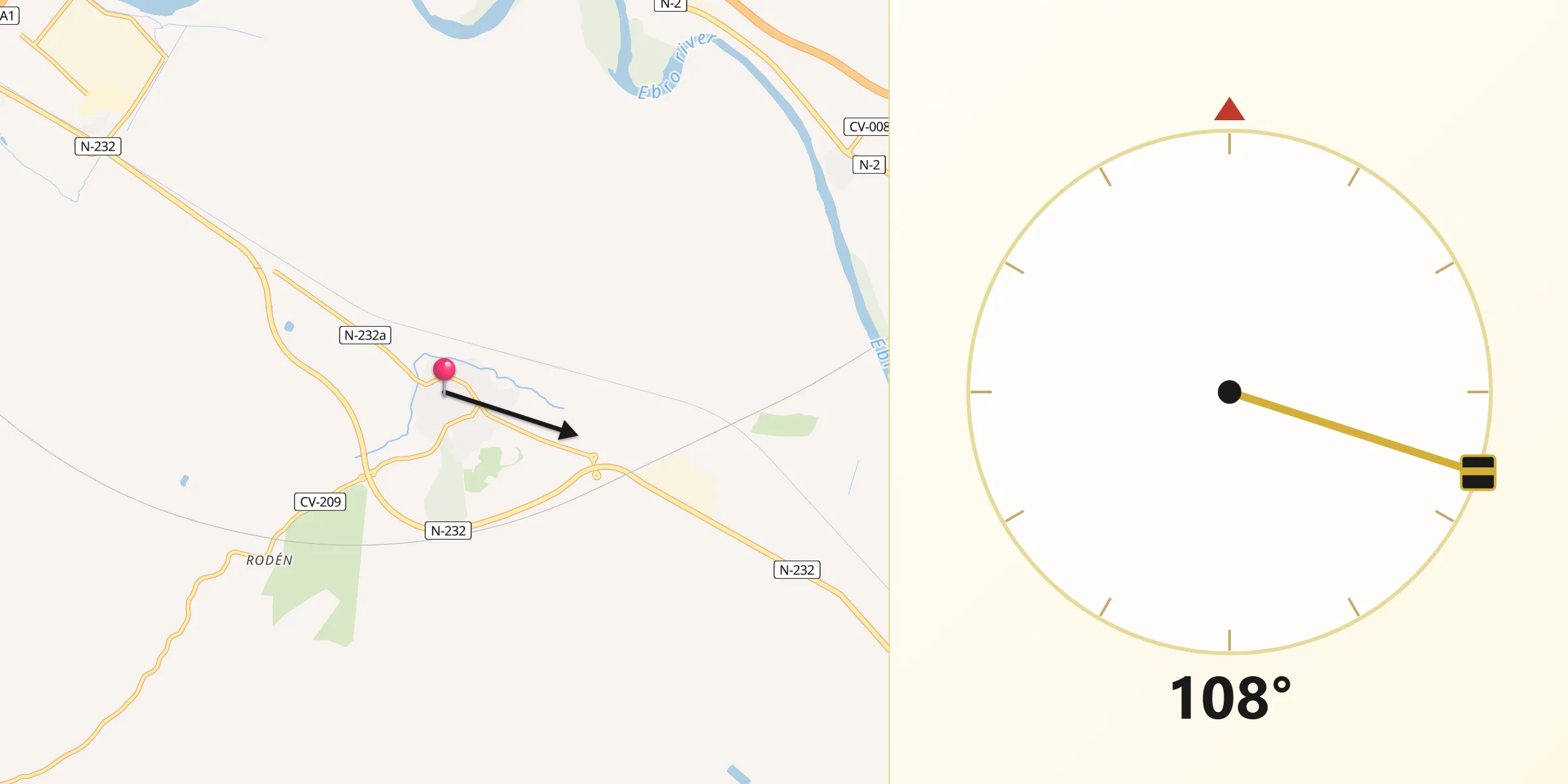 Dirección de la Qibla desde Fuentes de Ebro