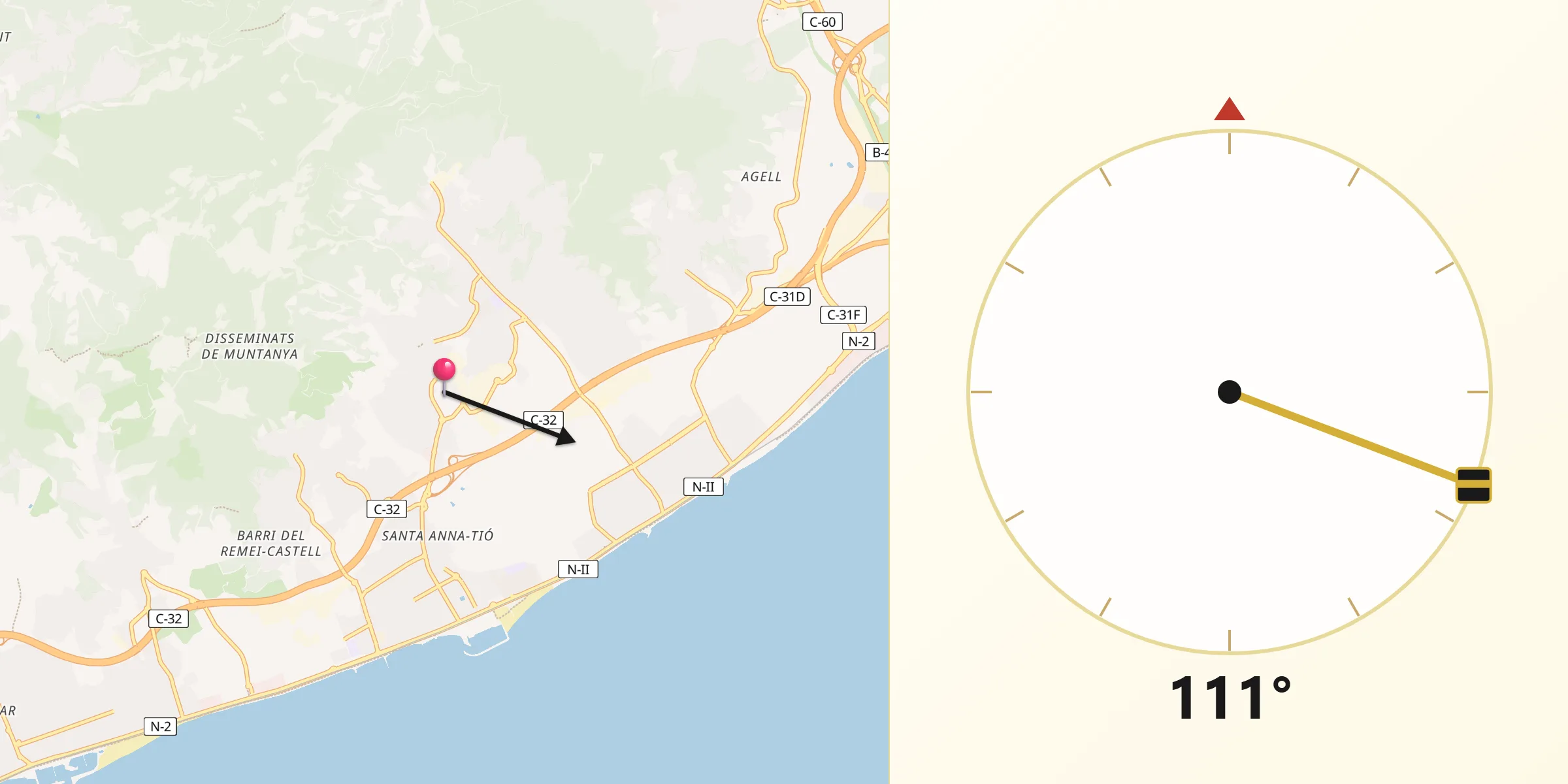 Dirección de la Qibla desde Vilassar de Dalt