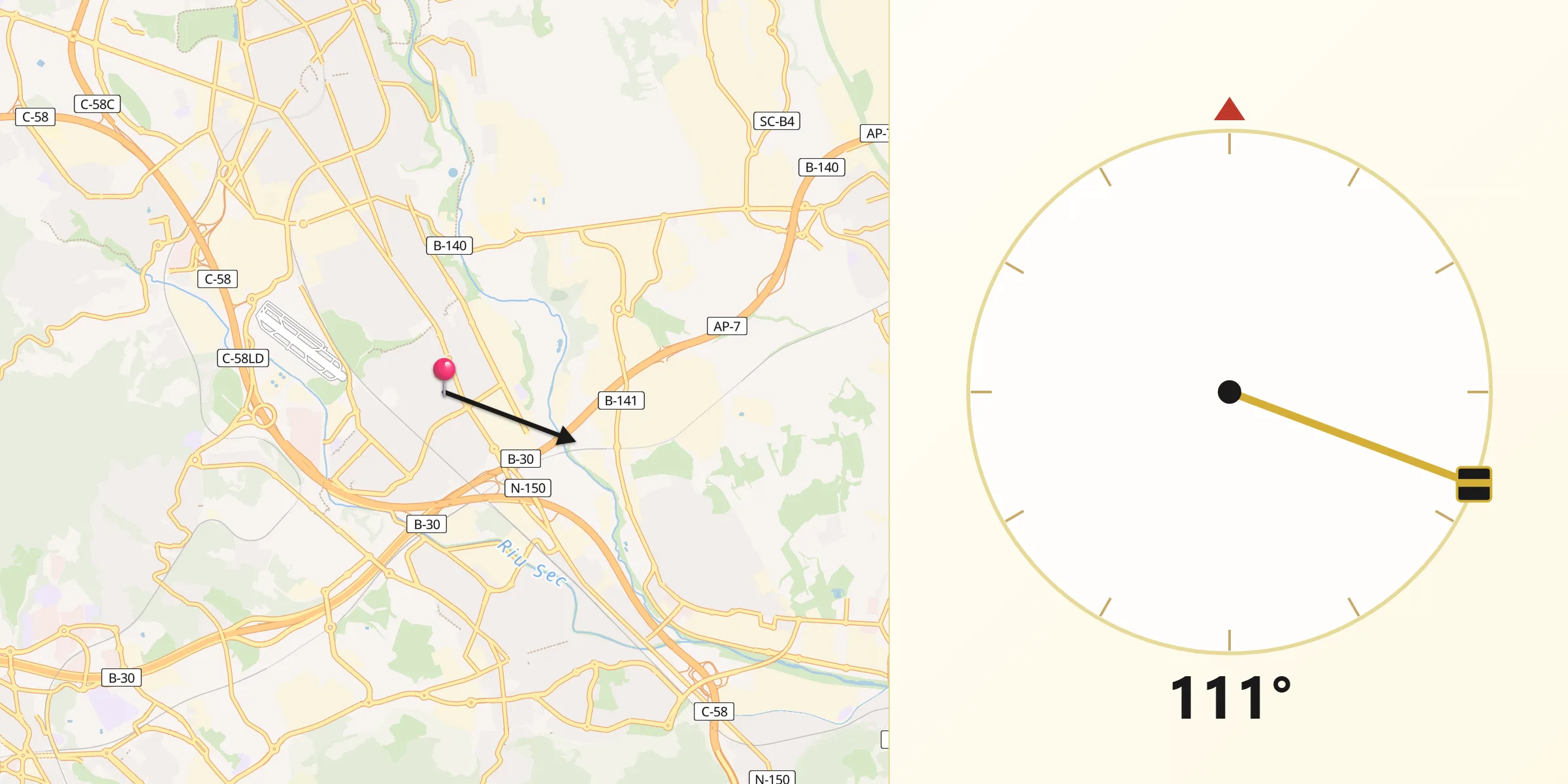 Dirección de la Qibla desde Barberà del Vallès