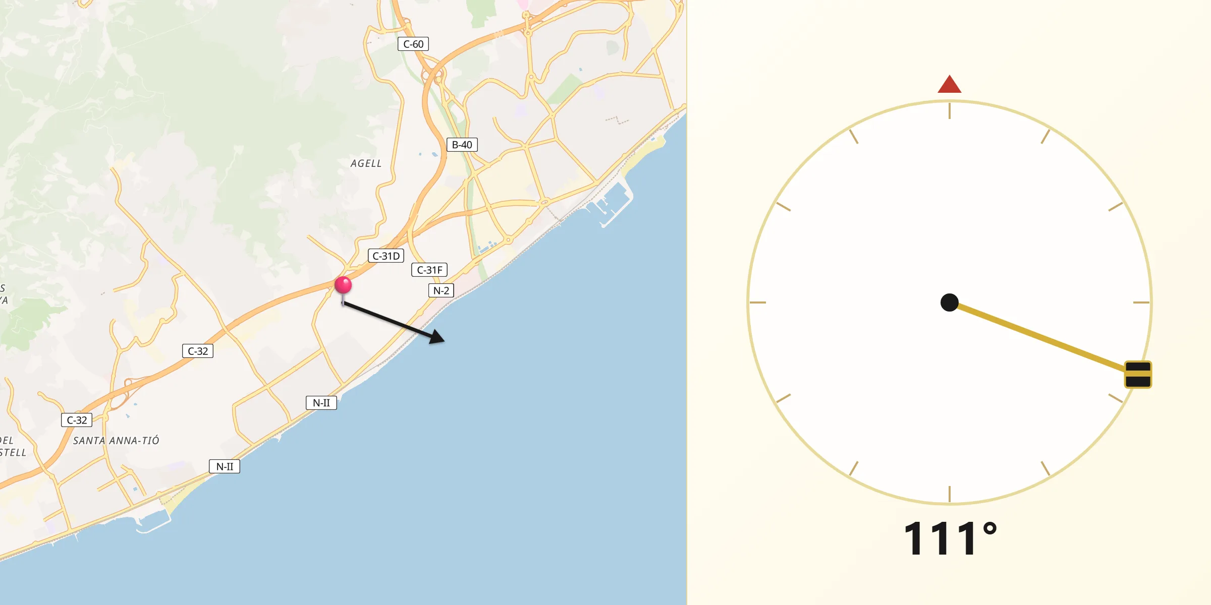 Dirección de la Qibla desde Cabrera de Mar
