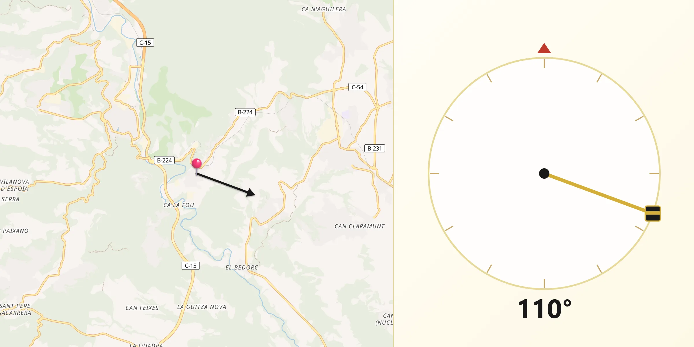 Dirección de la Qibla desde Vallbona d'Anoia