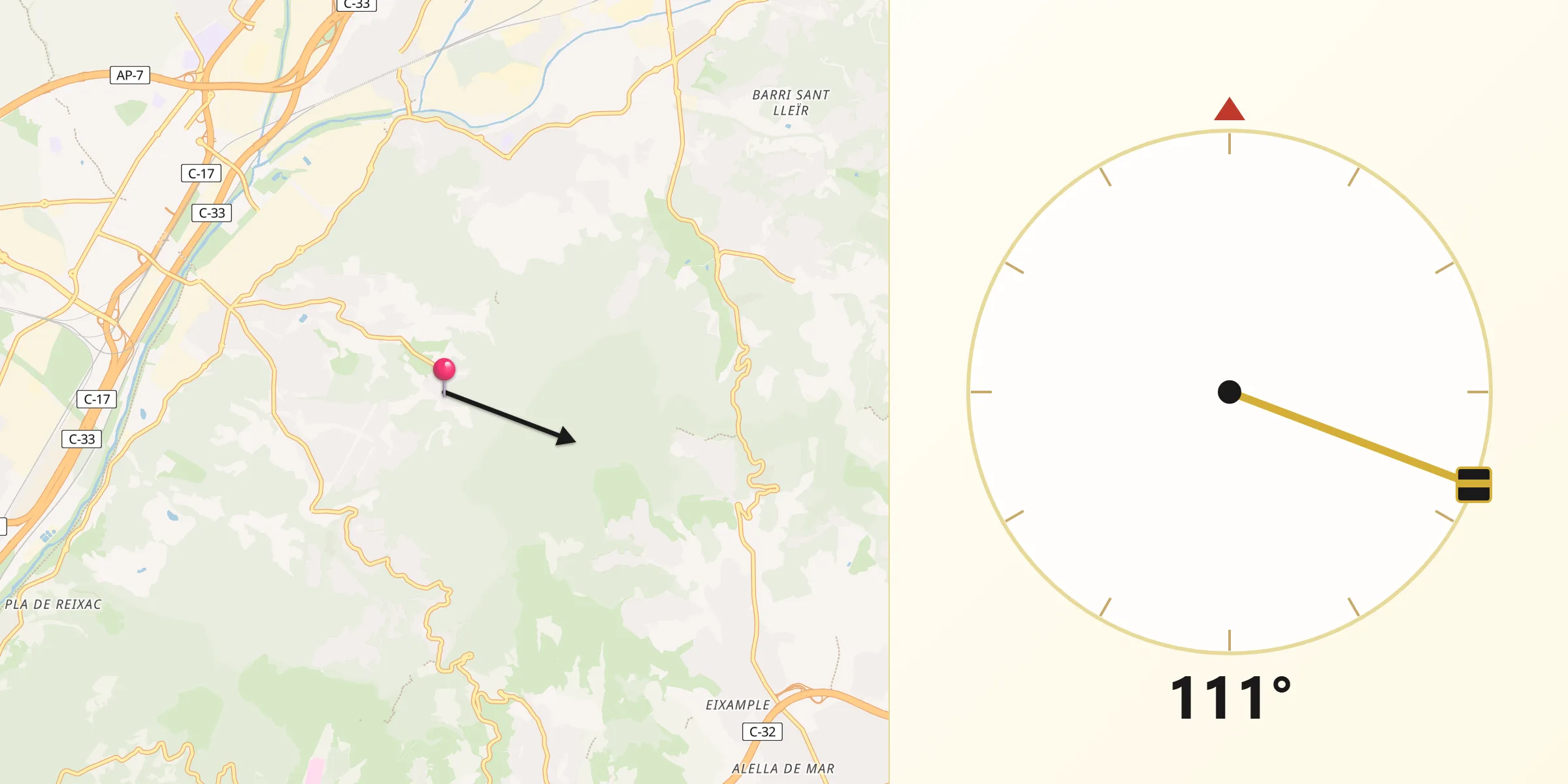 Dirección de la Qibla desde Santa Maria de Martorelles