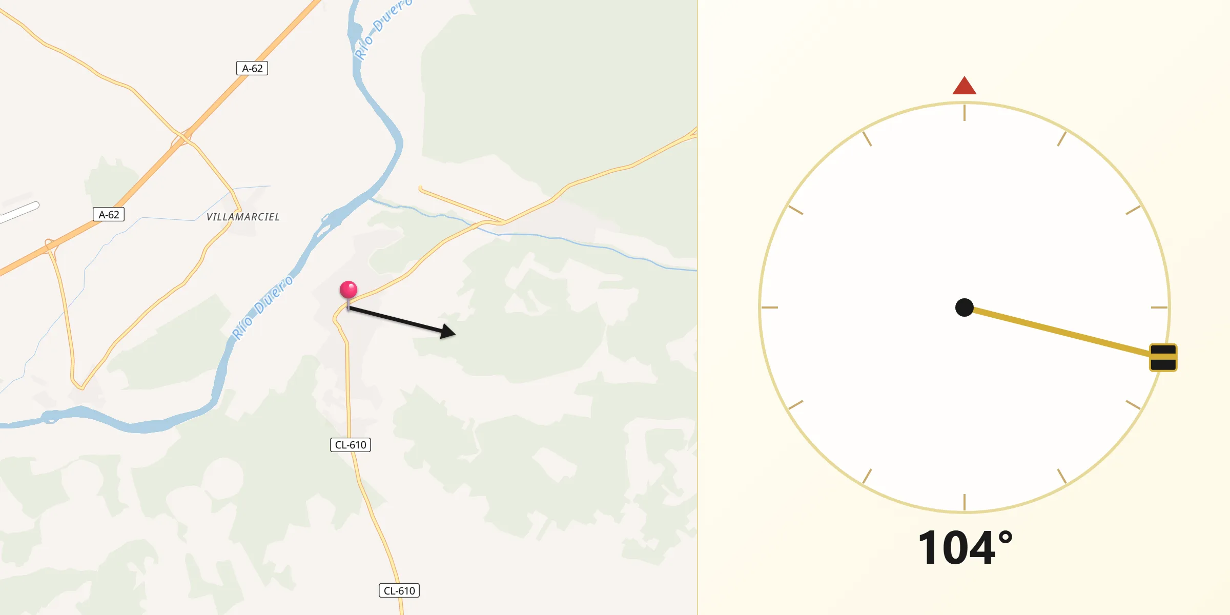 Dirección de la Qibla desde Villanueva de Duero