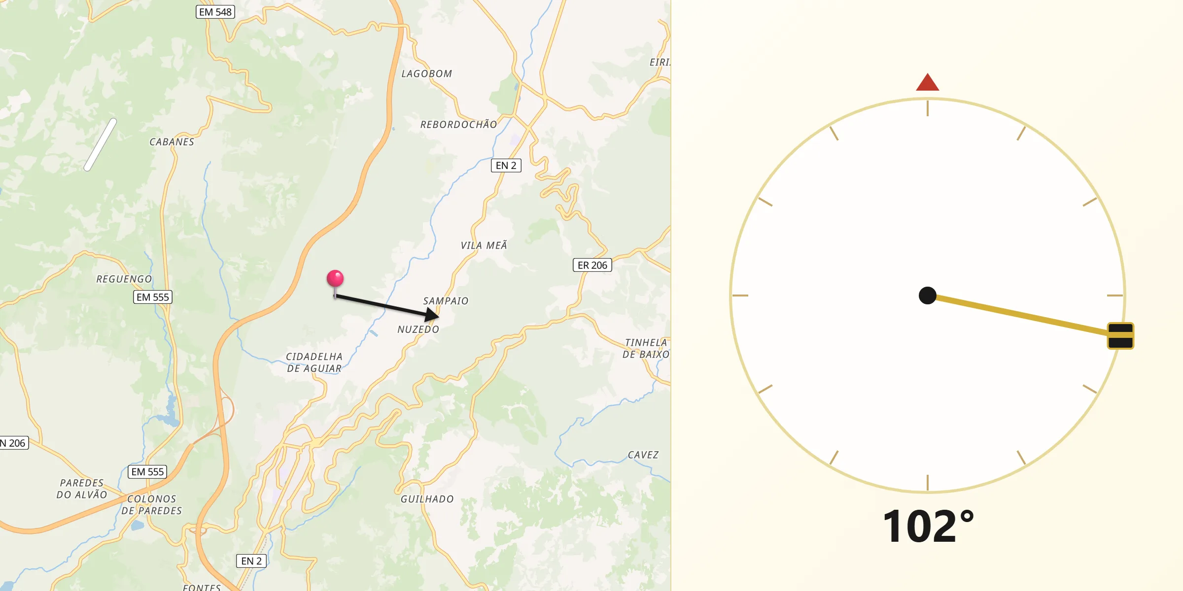 Direção da Qibla a partir de Vila Pouca de Aguiar
