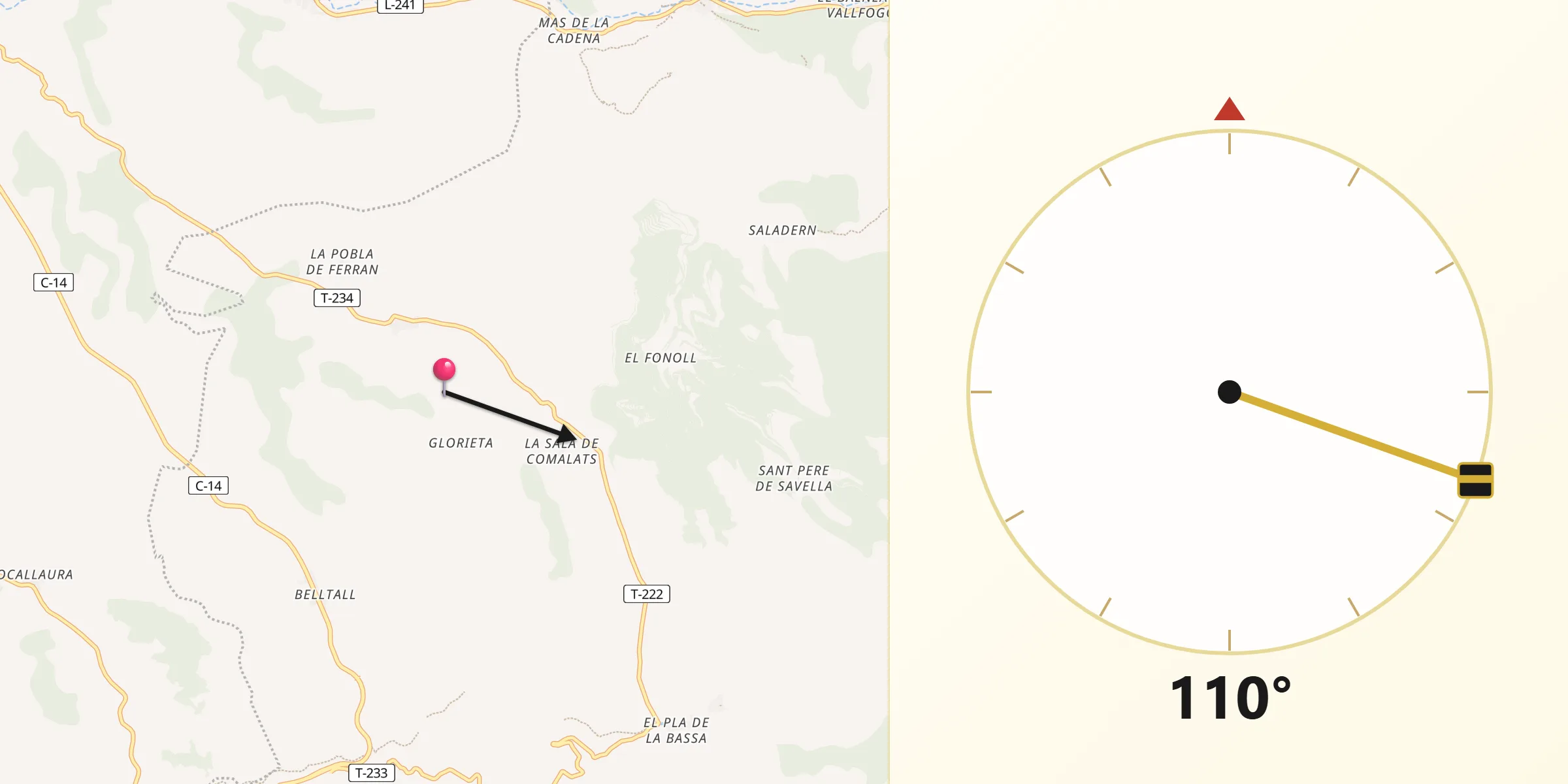 Dirección de la Qibla desde Passanant i Belltall