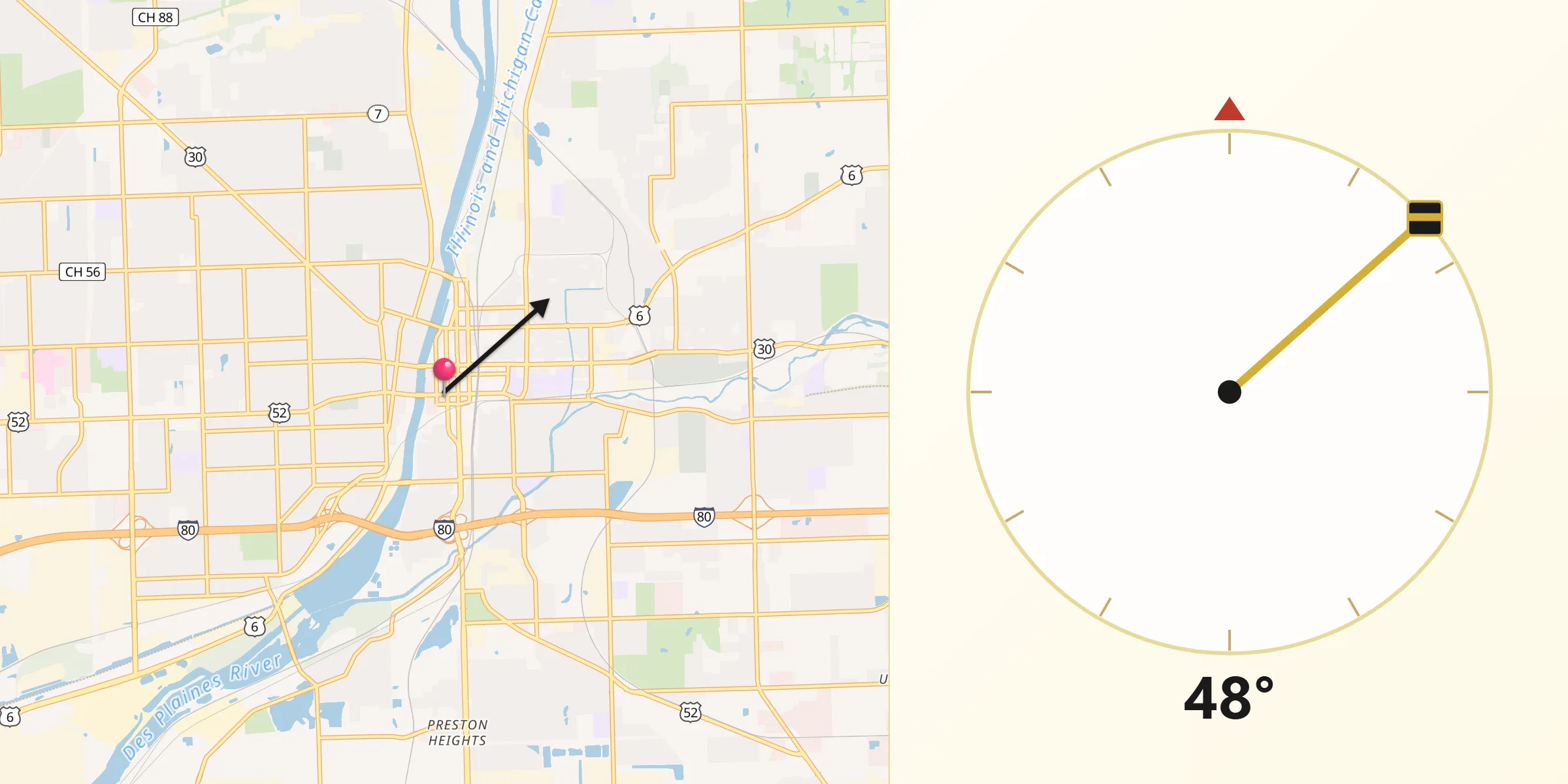 Dirección de la Qibla desde Joliet