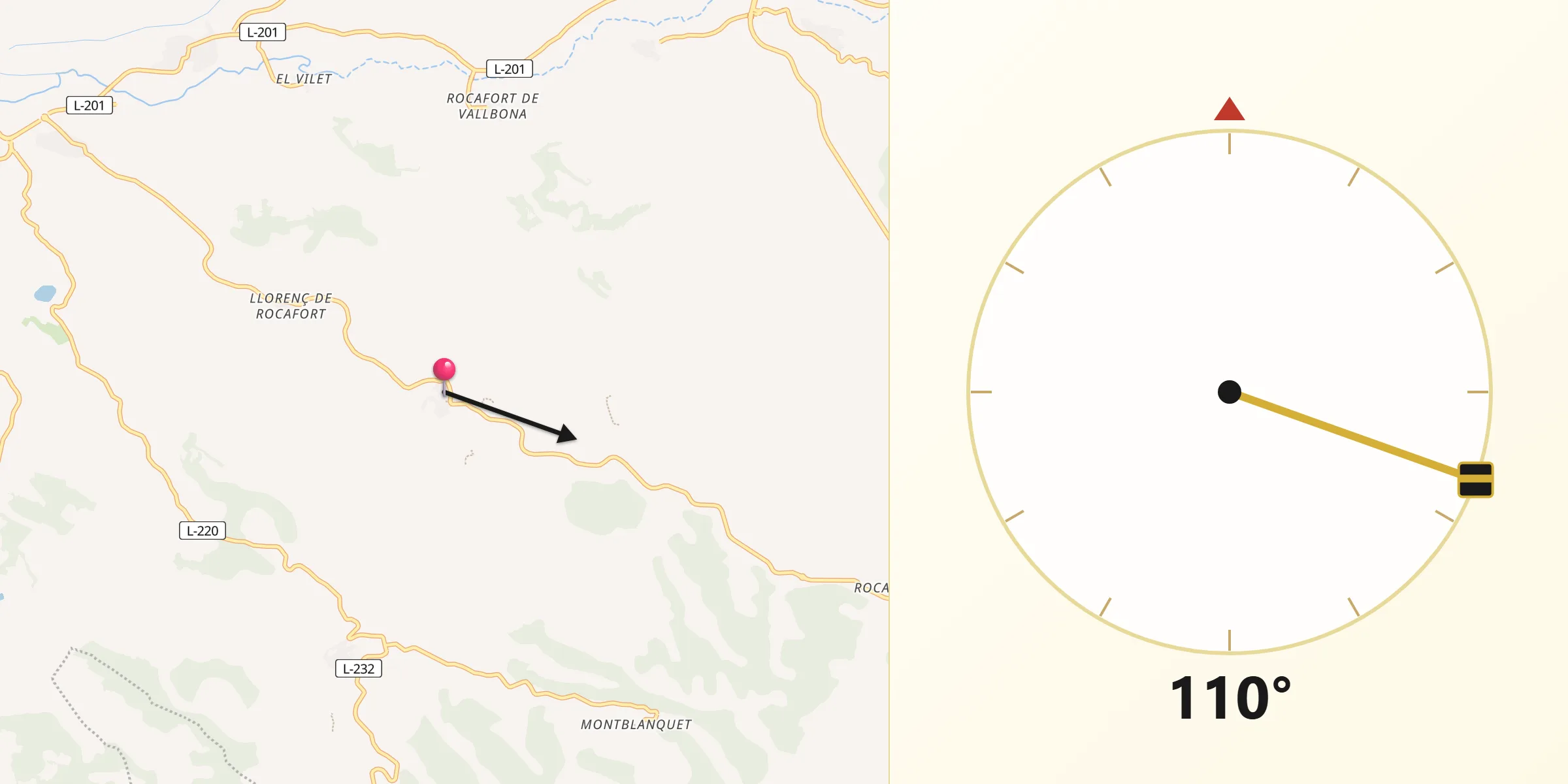 Dirección de la Qibla desde Vallbona de les Monges
