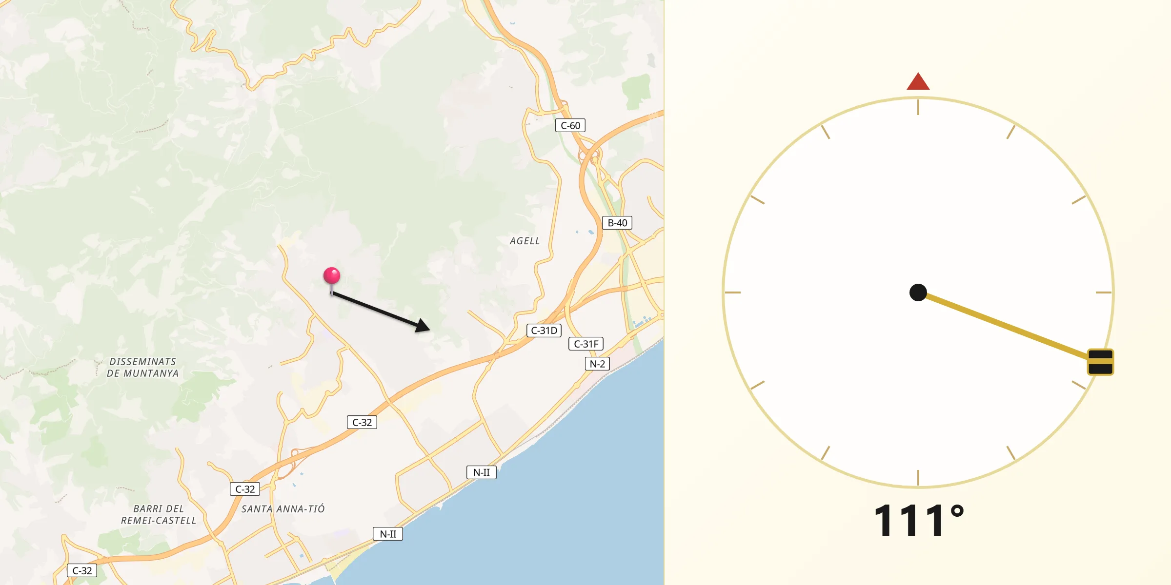 Dirección de la Qibla desde Cabrils