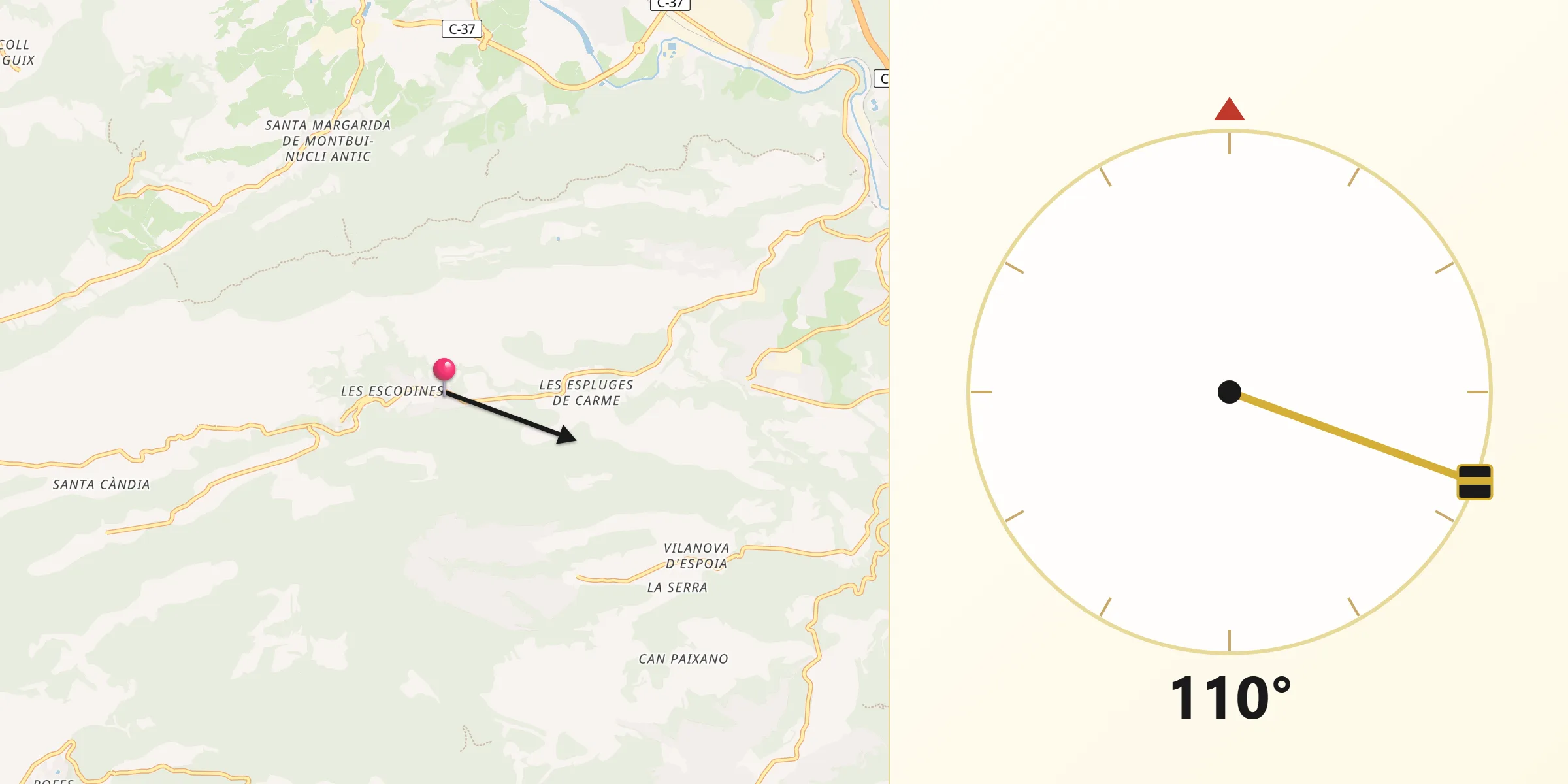 Dirección de la Qibla desde Carme