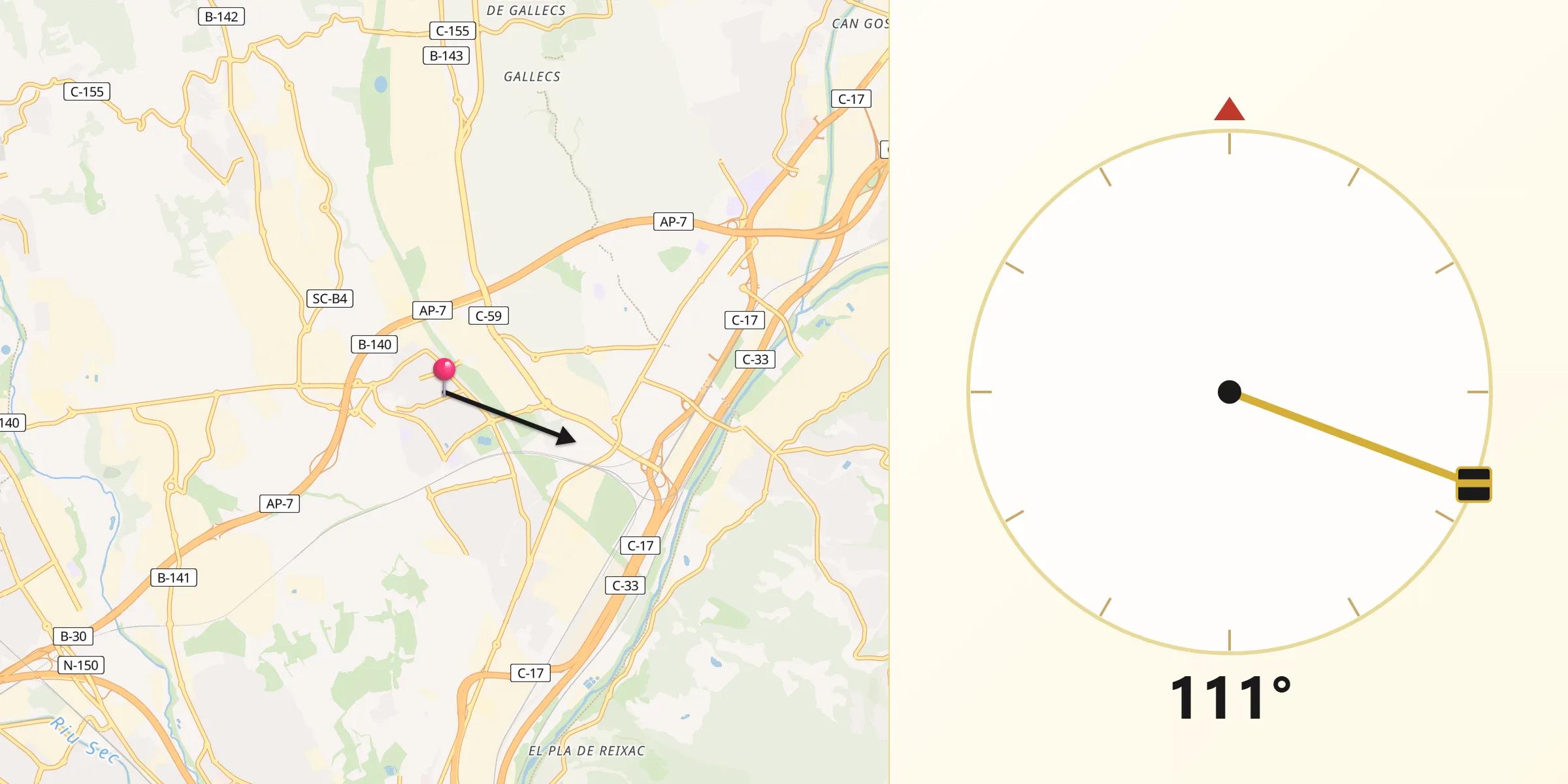 Dirección de la Qibla desde Santa Perpetua de Moguda