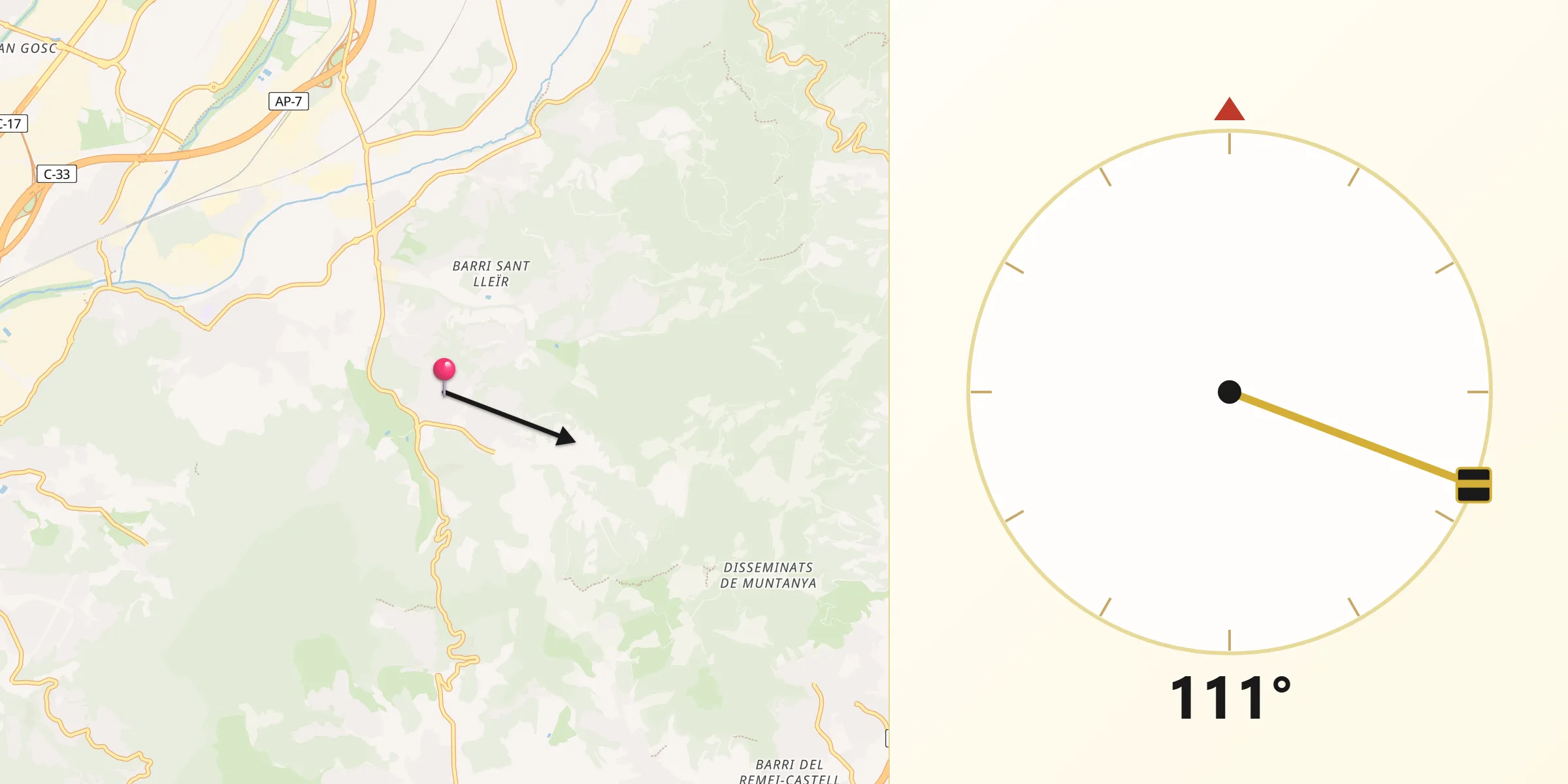 Dirección de la Qibla desde Vallromanes