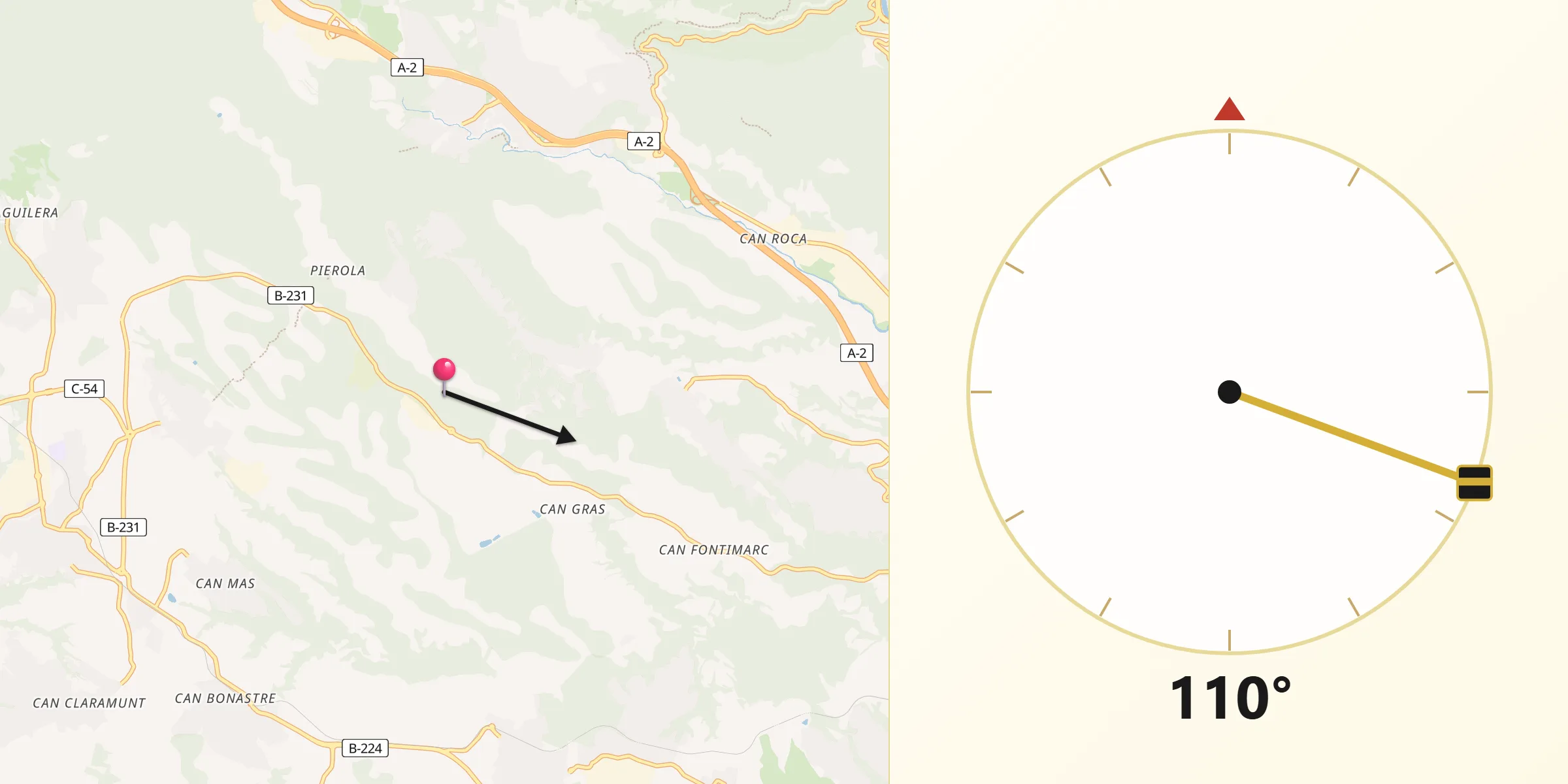 Dirección de la Qibla desde Hostalets de Pierola Els