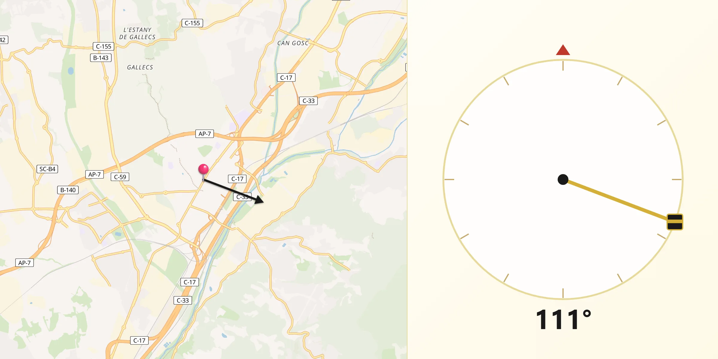 Dirección de la Qibla desde Mollet del Vallés