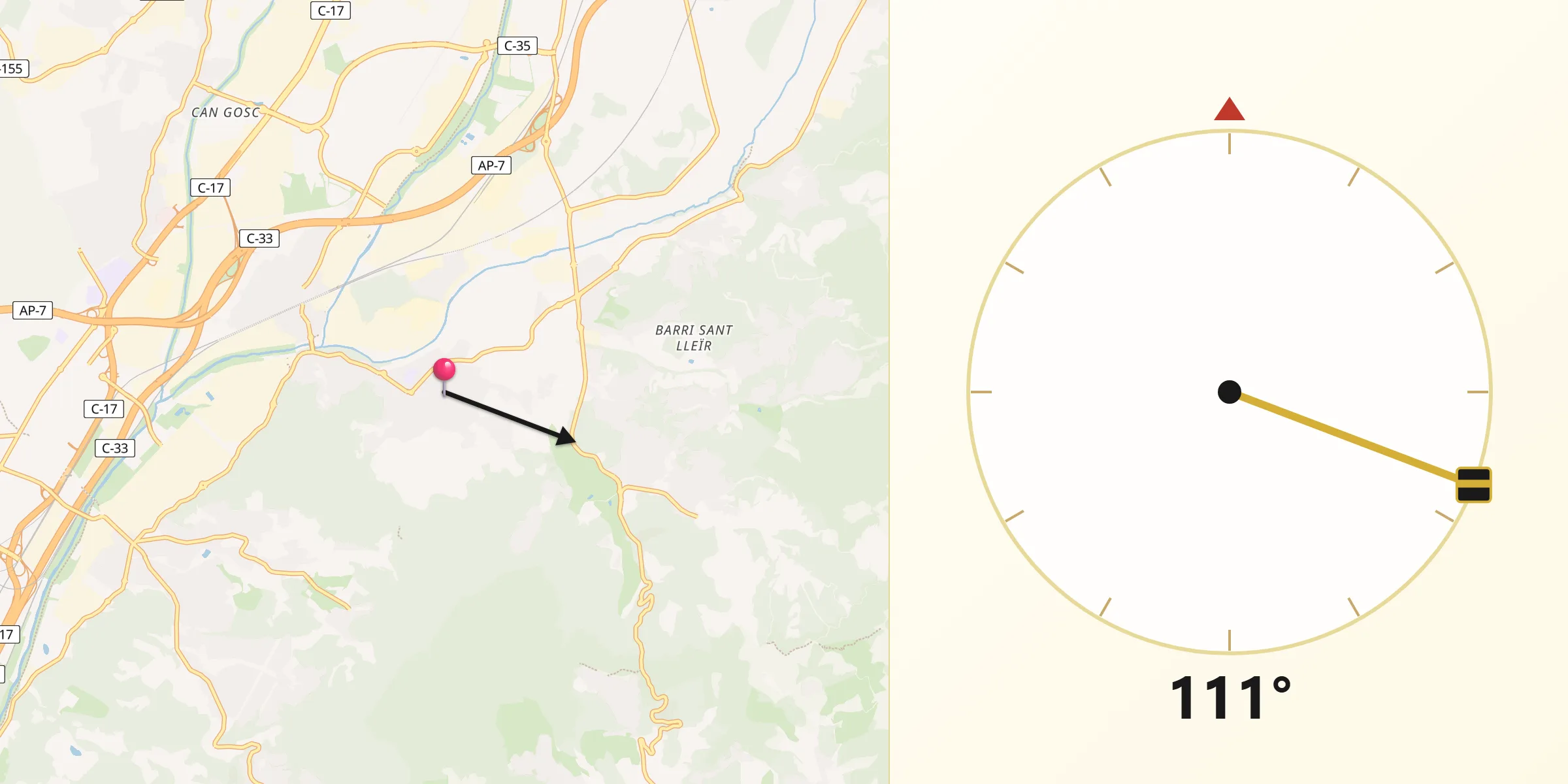Dirección de la Qibla desde Montornès del Vallès