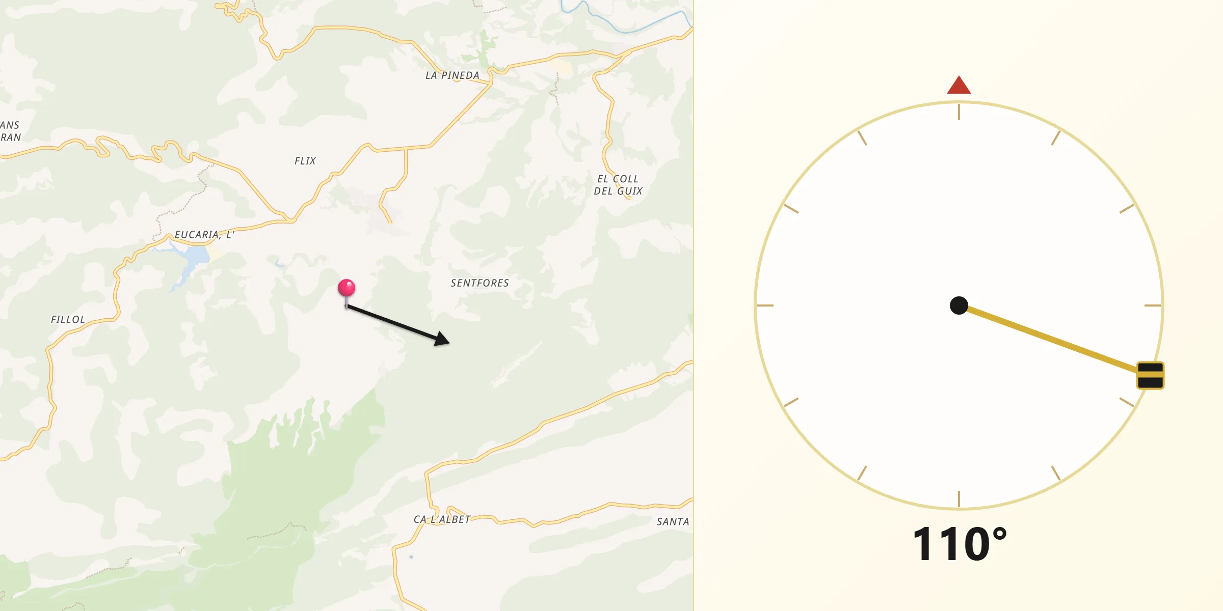 Dirección de la Qibla desde Sant Martí de Tous