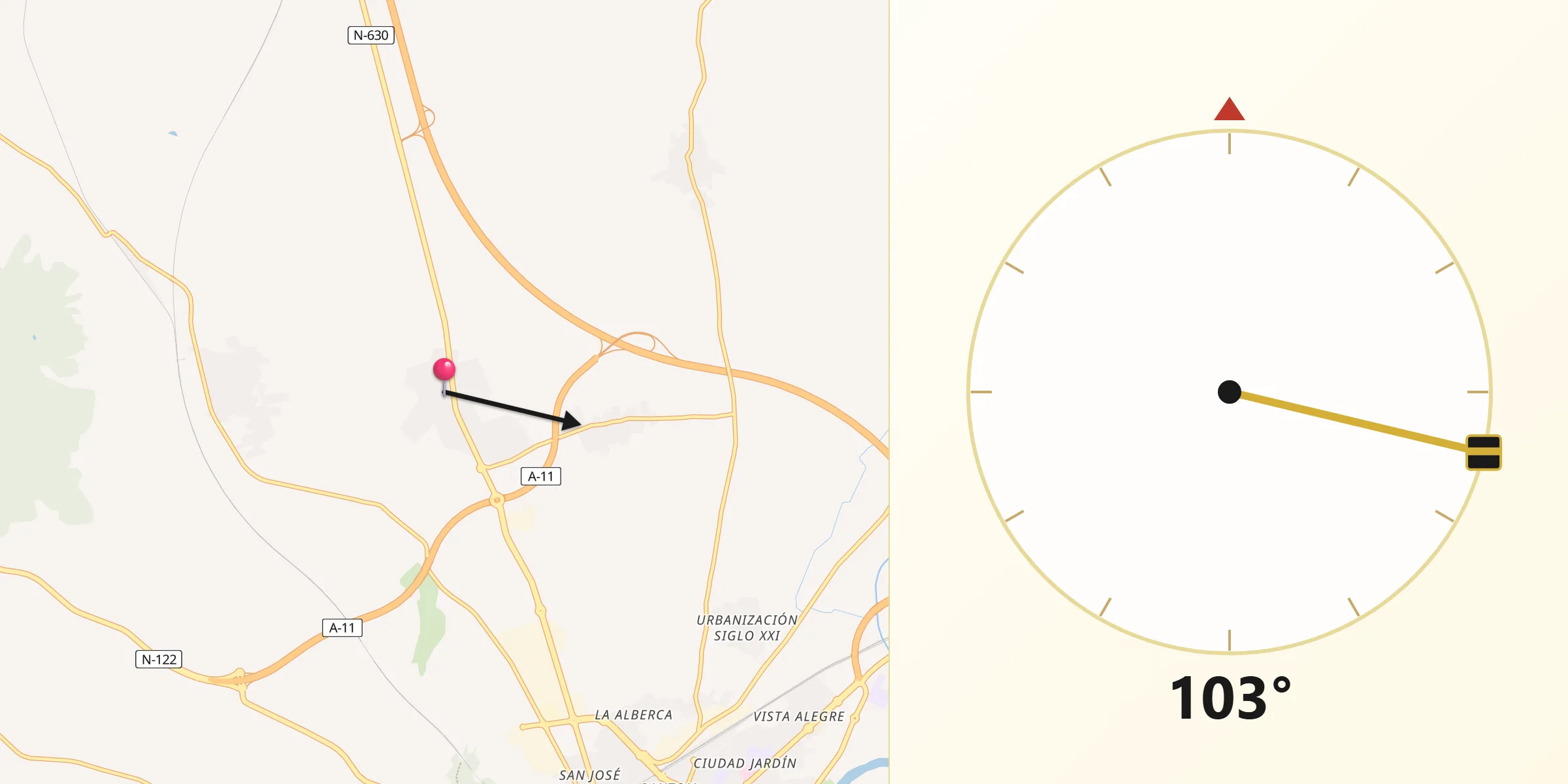 Dirección de la Qibla desde Roales