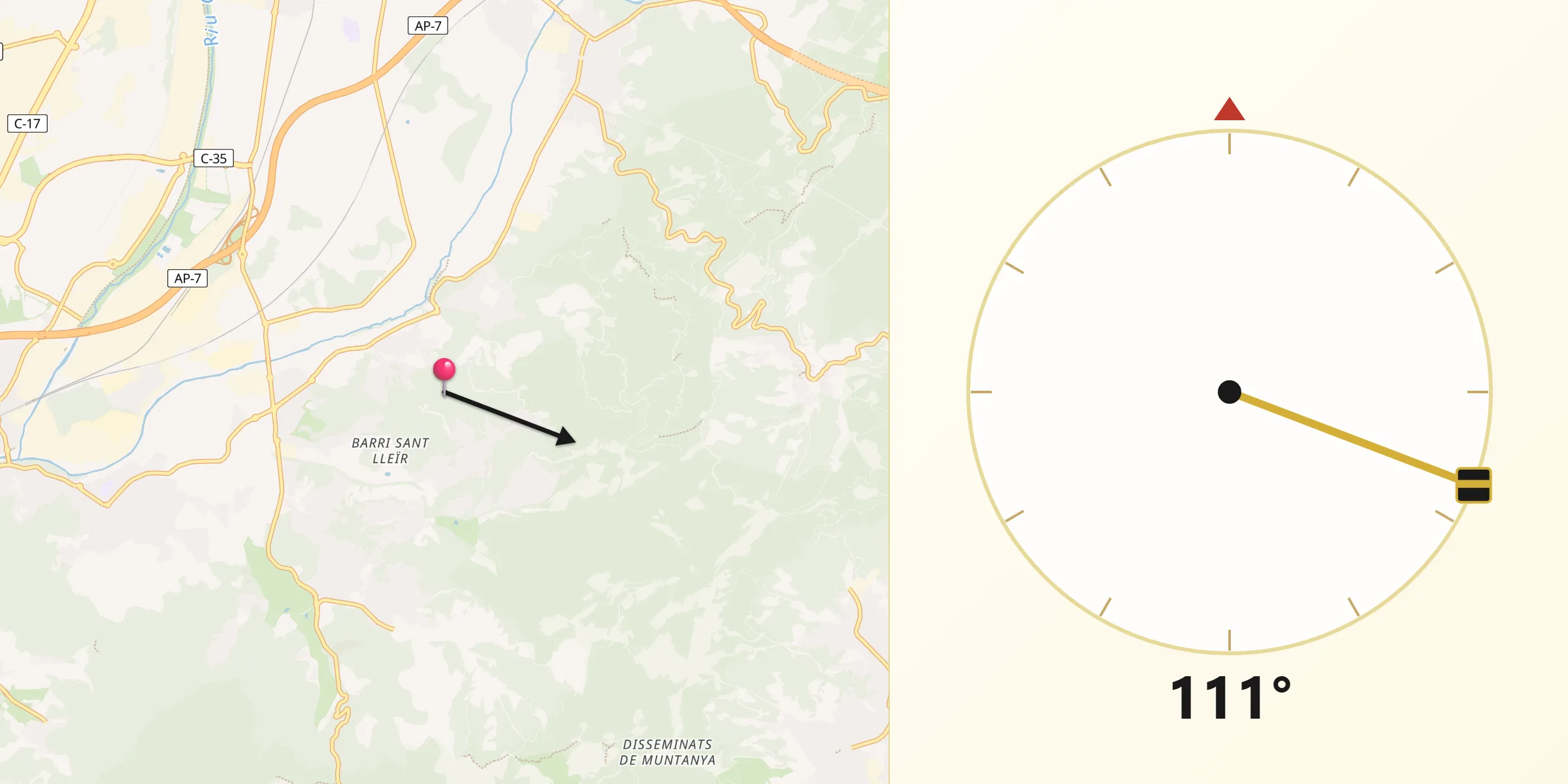 Dirección de la Qibla desde Vilanova del Vallès