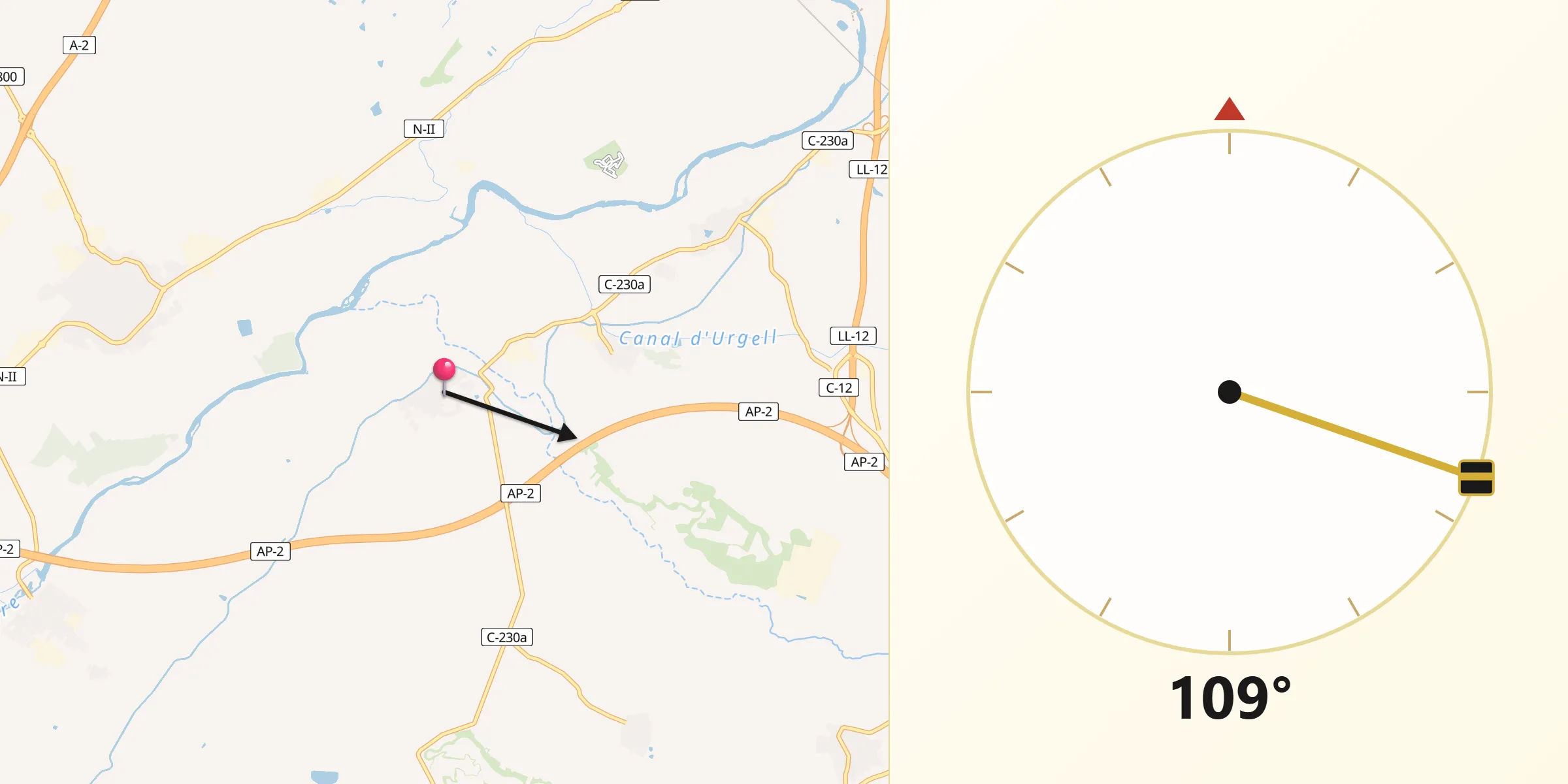 Dirección de la Qibla desde Sudanell