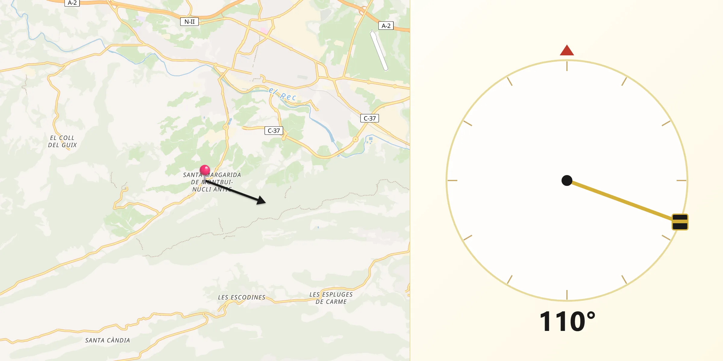 Dirección de la Qibla desde Santa Margarida de Montbui
