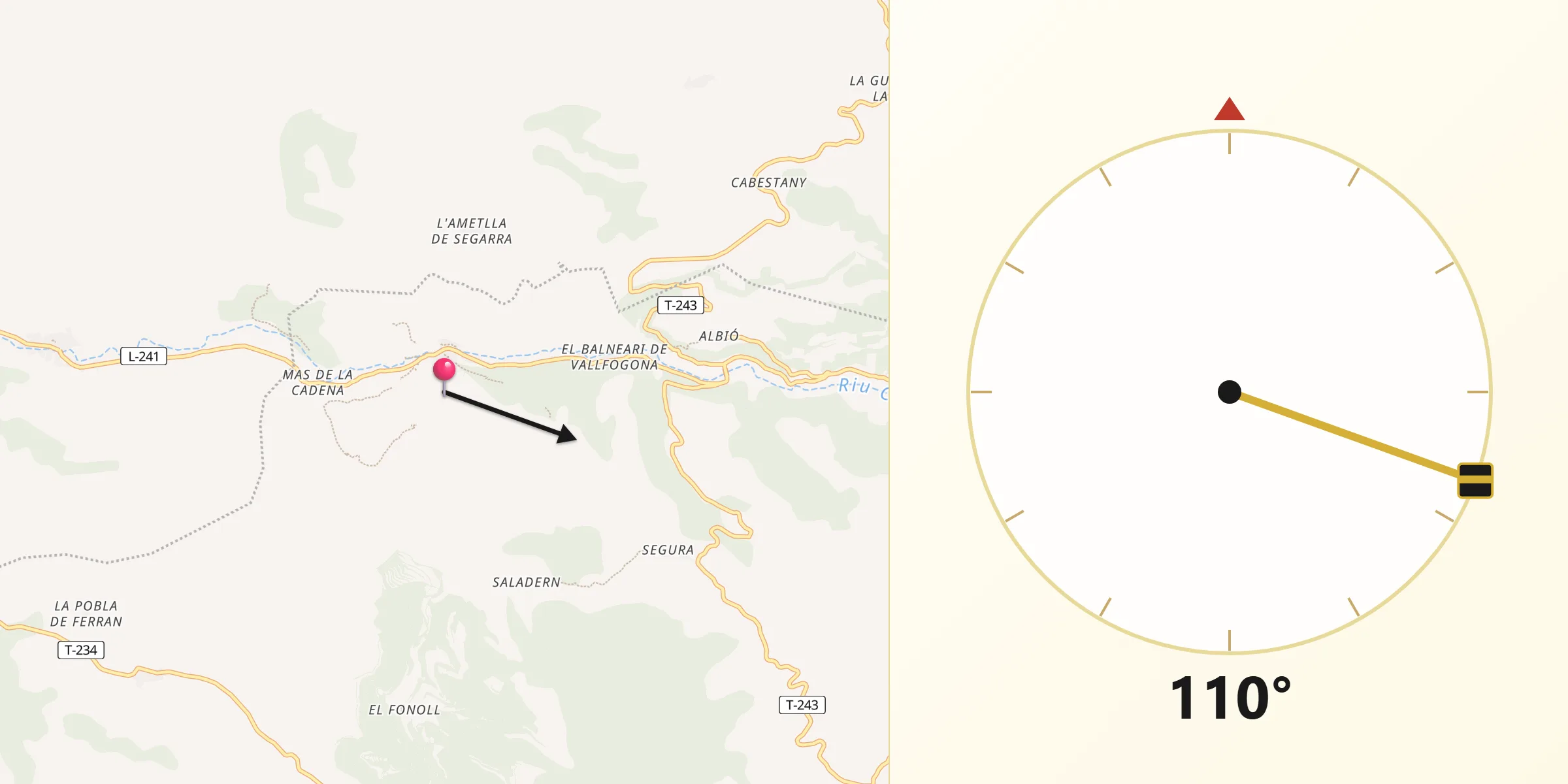 Dirección de la Qibla desde Vallfogona de Riucorb