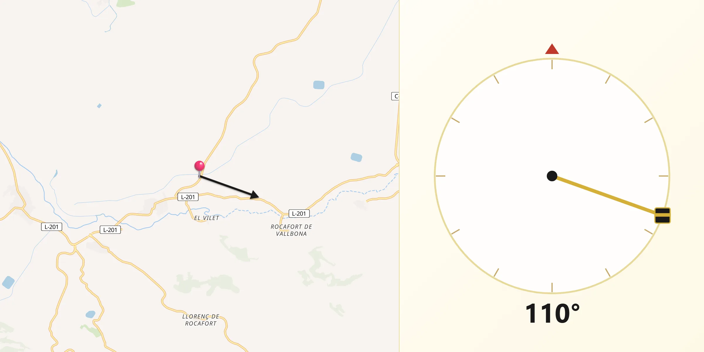 Dirección de la Qibla desde Sant Martí de Riucorb