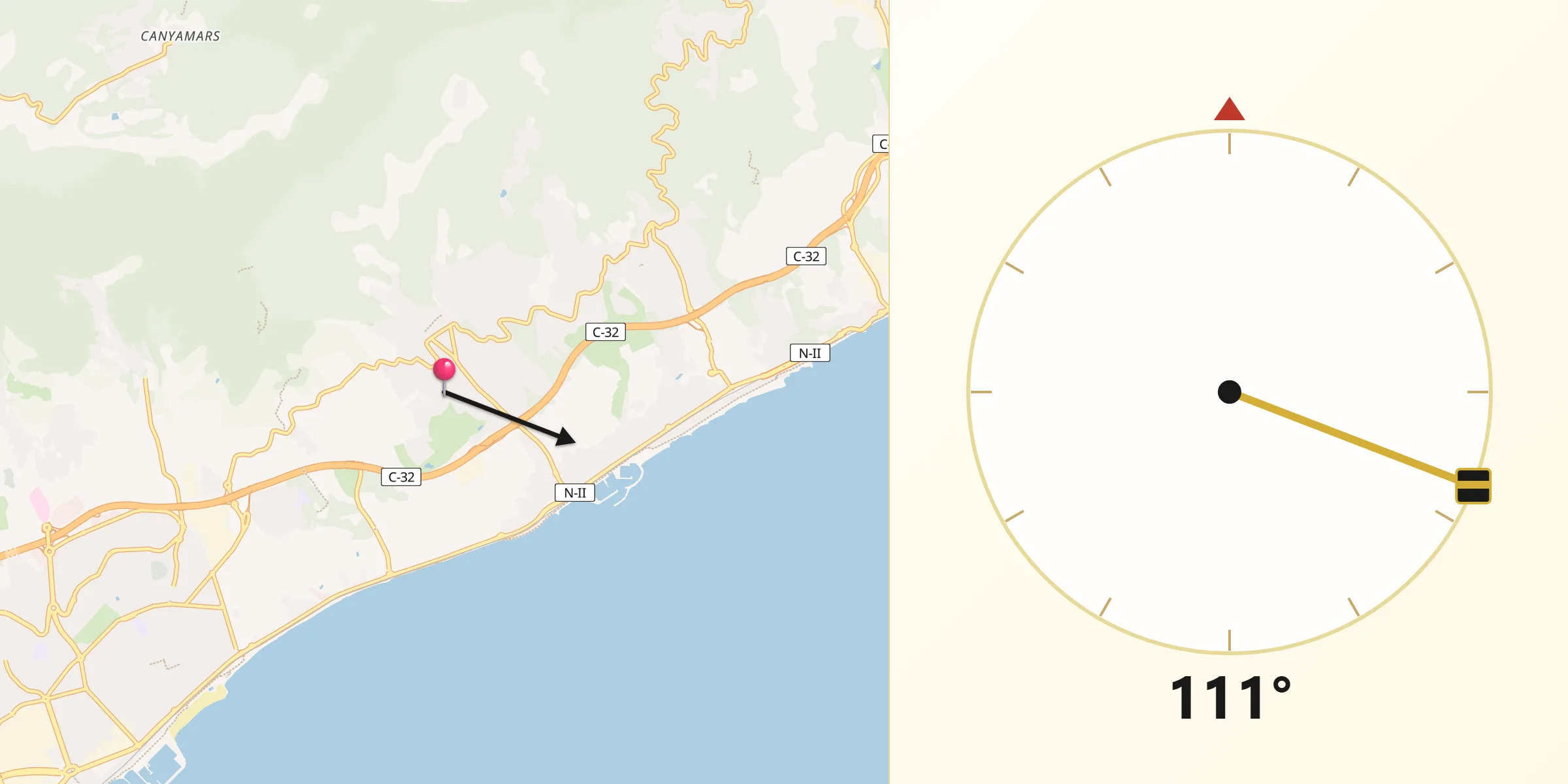 Dirección de la Qibla desde Sant Andreu de Llavaneres