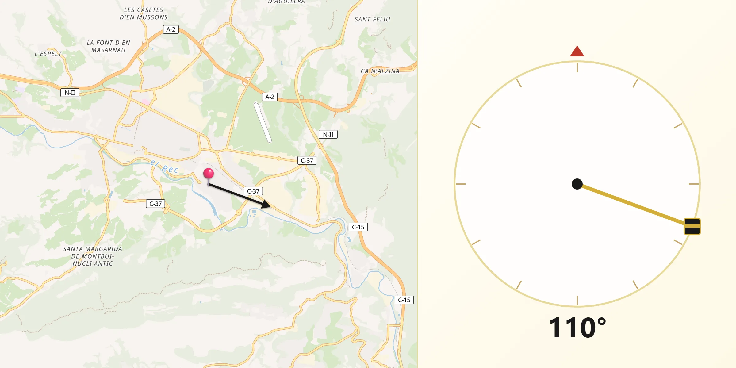 Dirección de la Qibla desde Vilanova del Camí