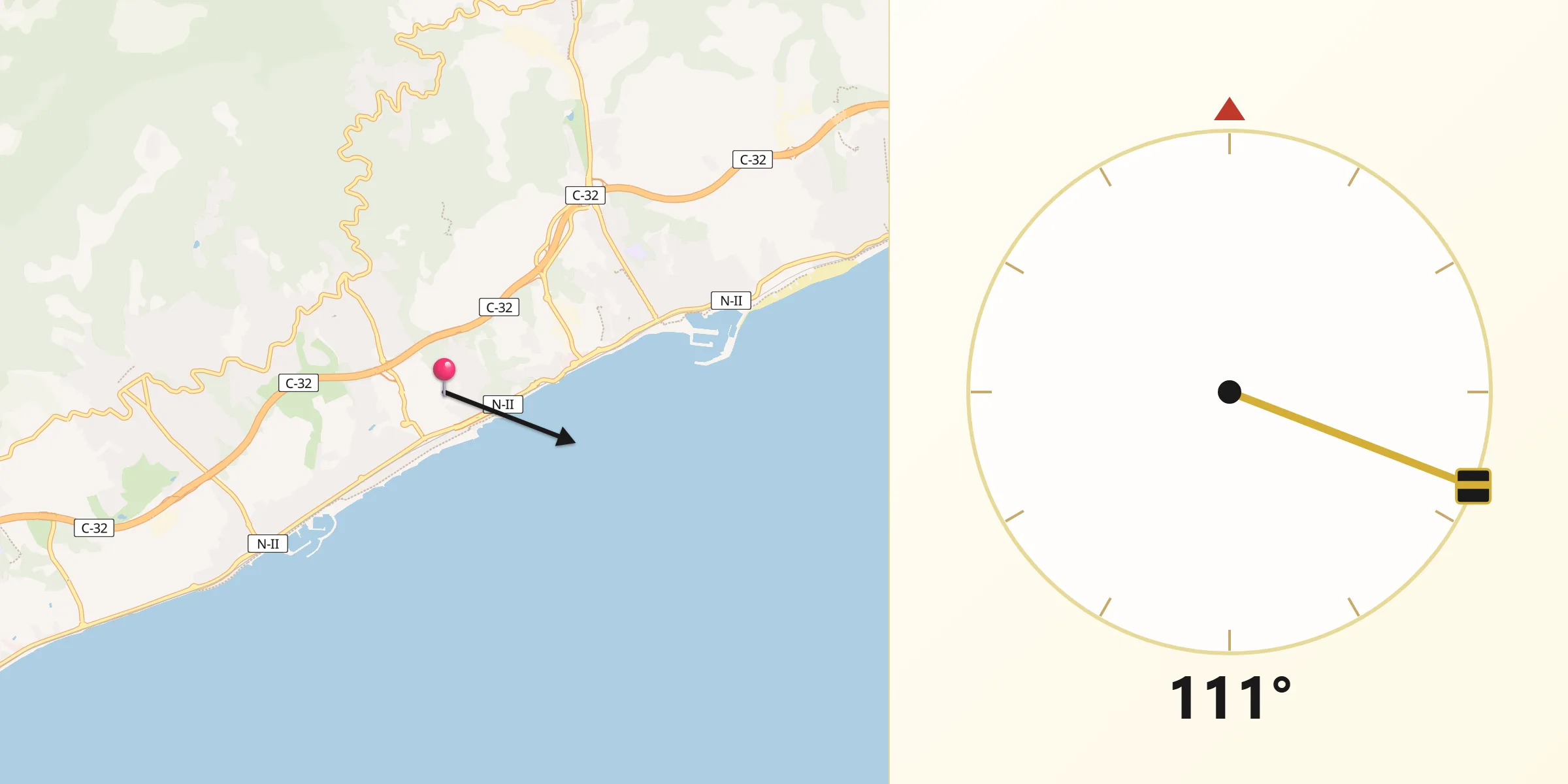 Dirección de la Qibla desde Caldes d'Estrac