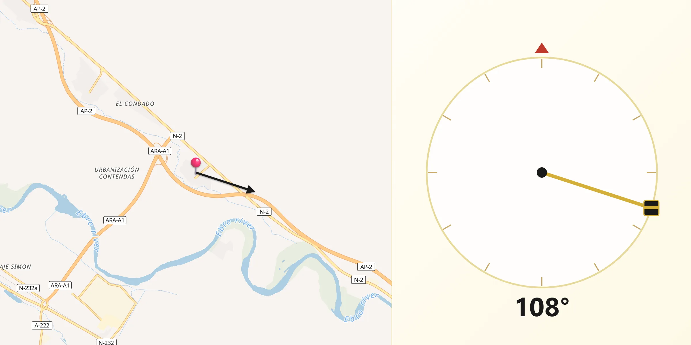 Dirección de la Qibla desde Villafranca de Ebro