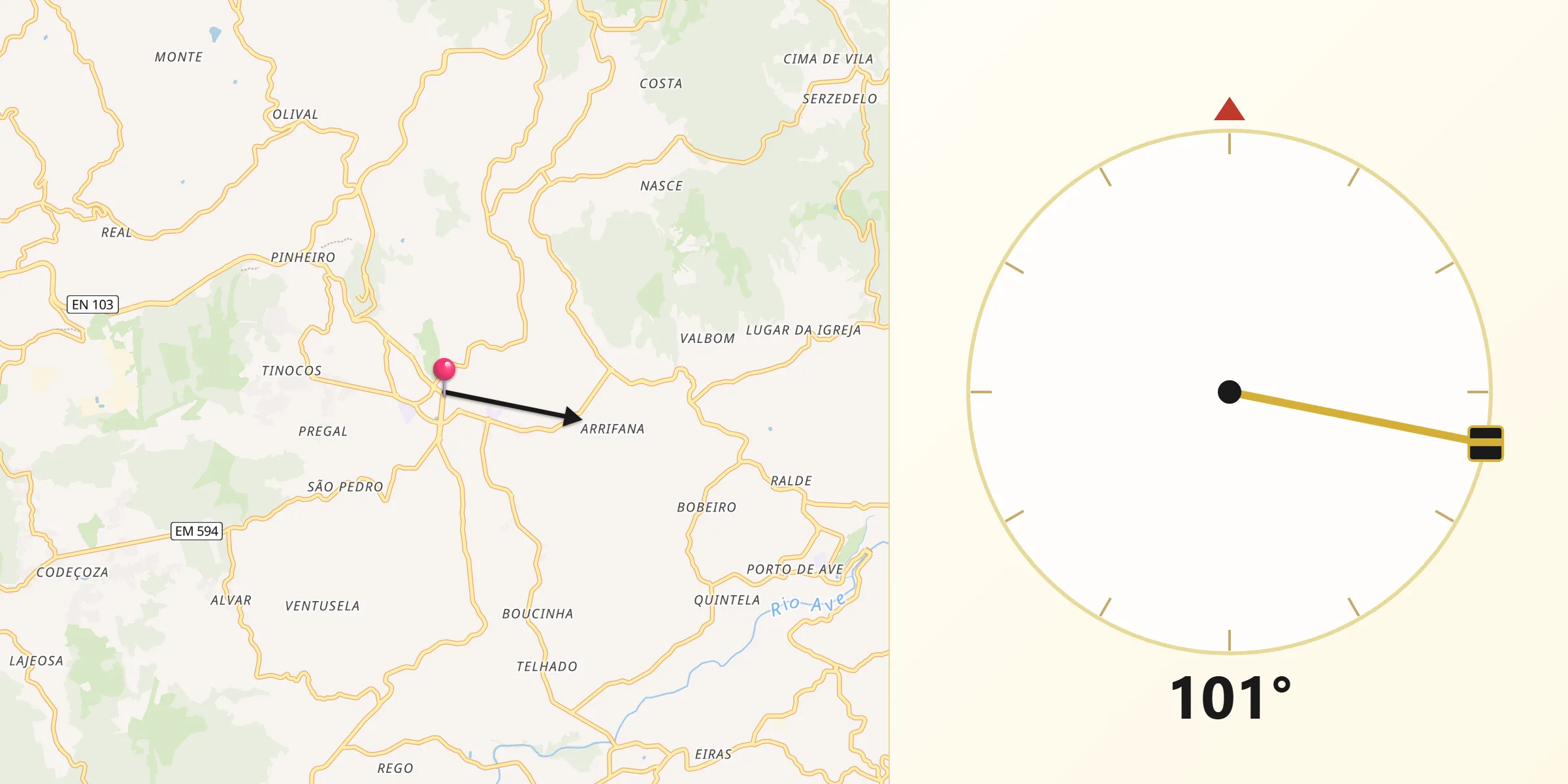 Direção da Qibla a partir de Póvoa de Lanhoso