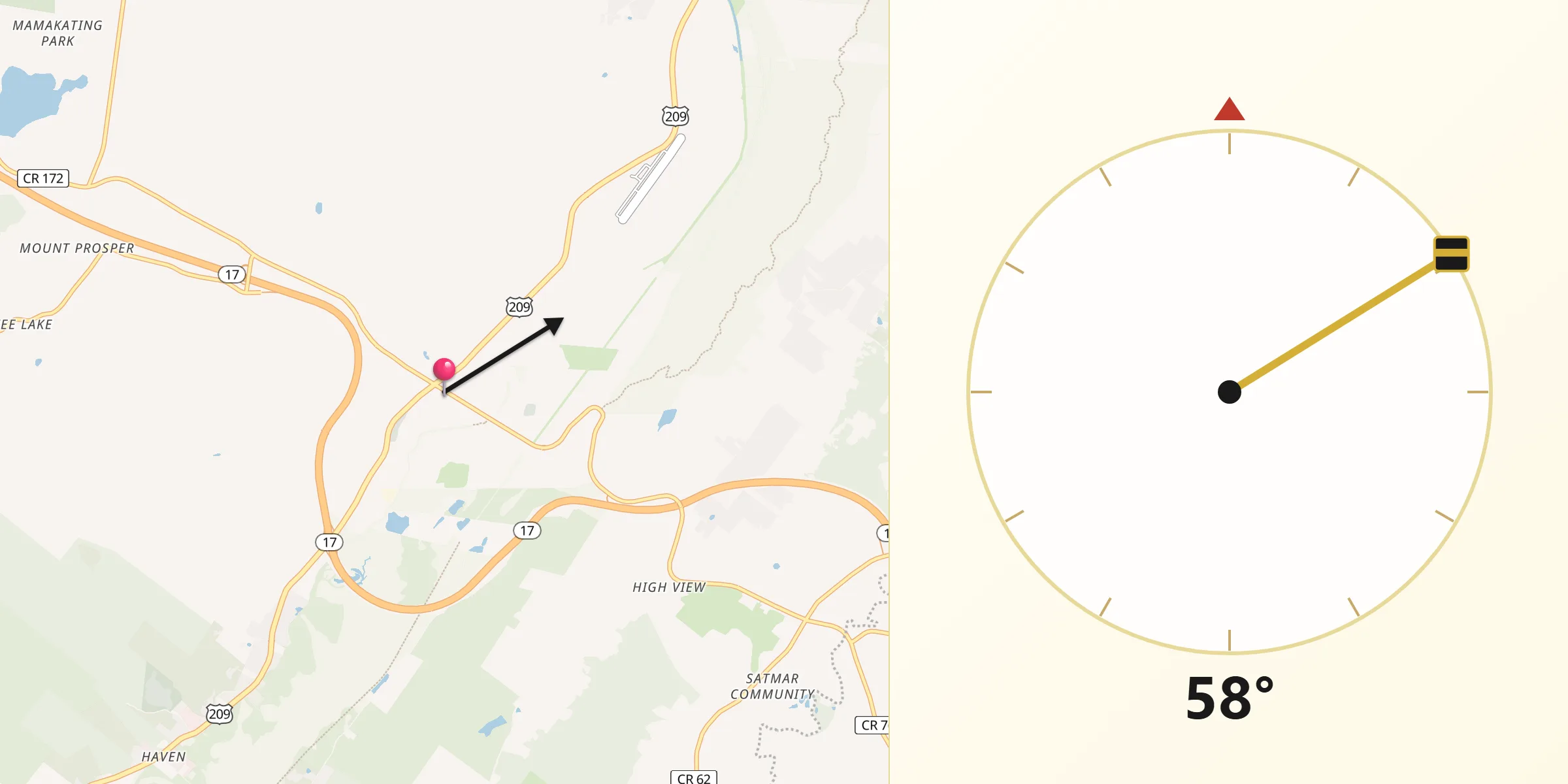 Qibla Direction from Wurtsboro