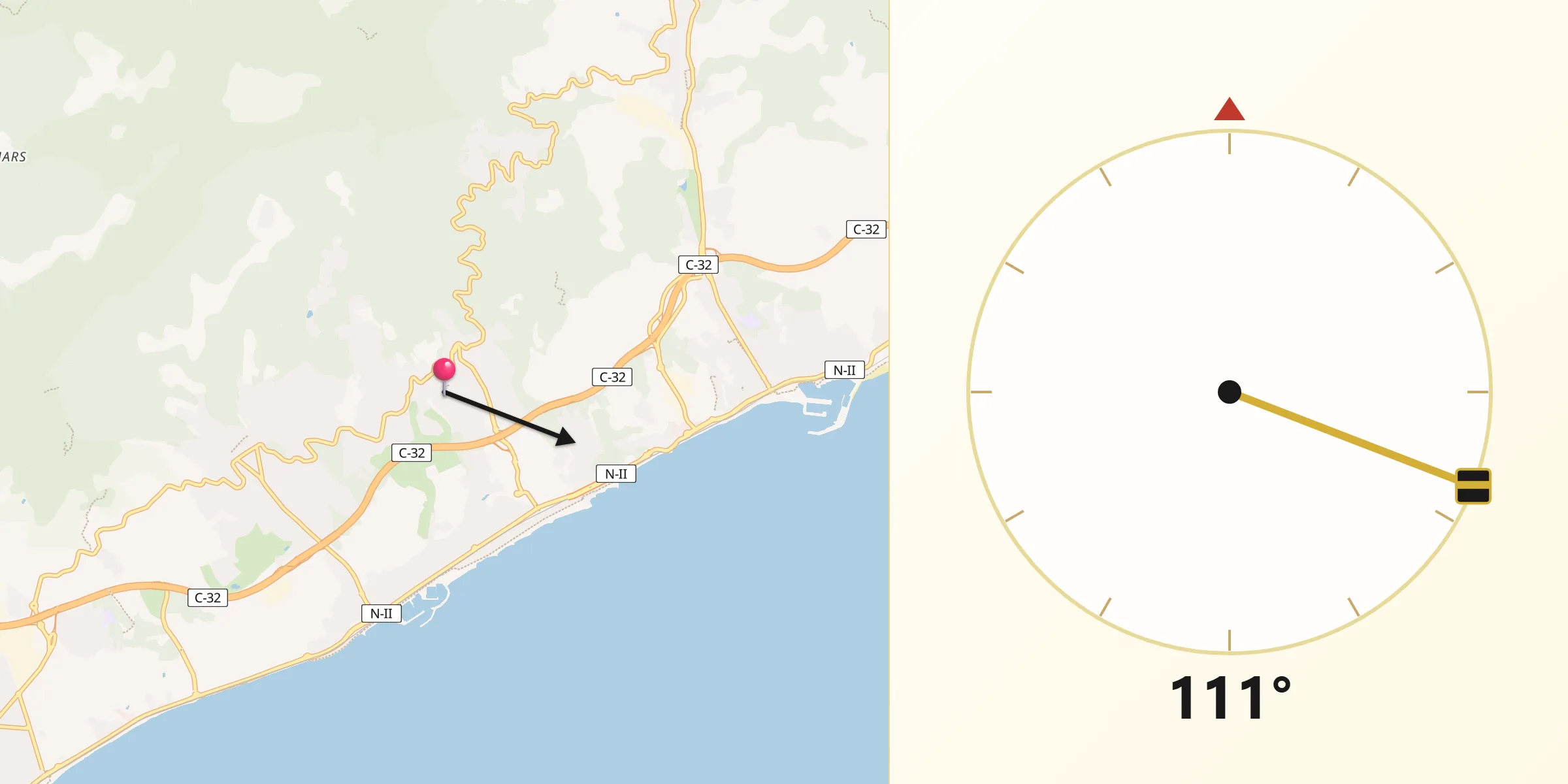 Dirección de la Qibla desde Sant Vicenç de Montalt